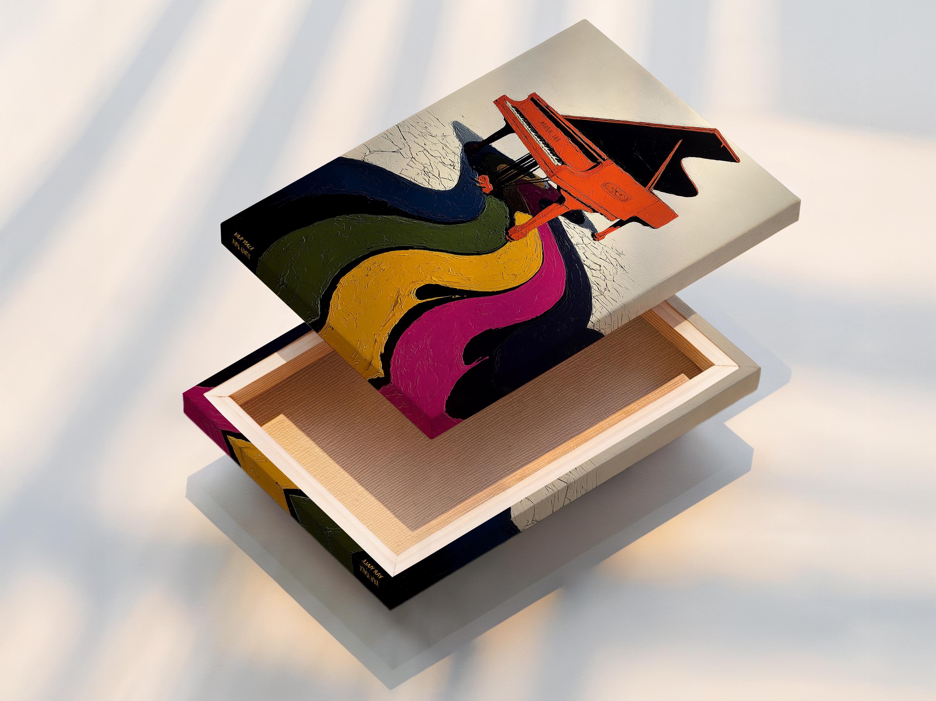 Stylised grand piano in orange and black with textured rainbow curves detail view