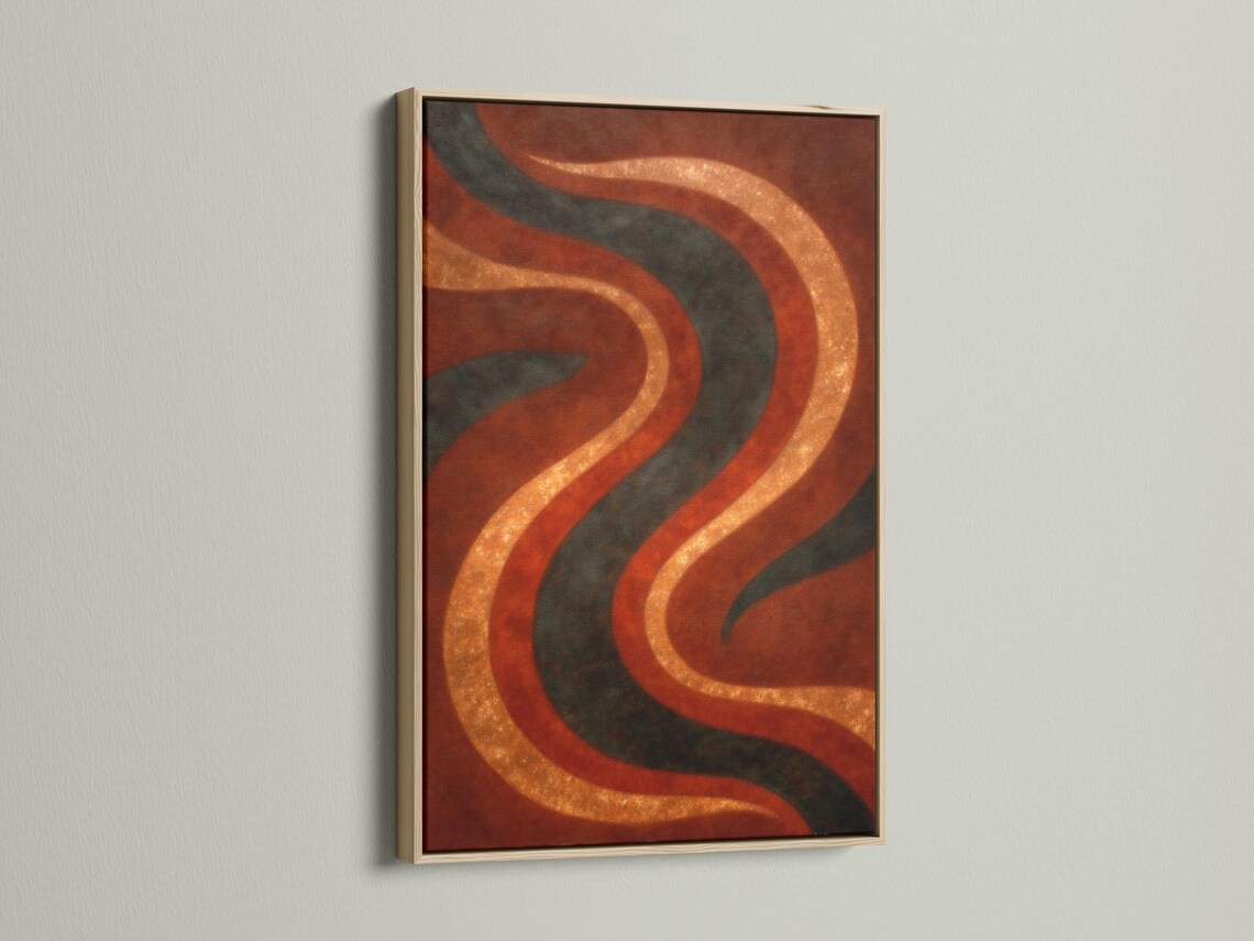 Abstract wave pattern with rust orange and amber gold curves and dark charcoal lines detail view