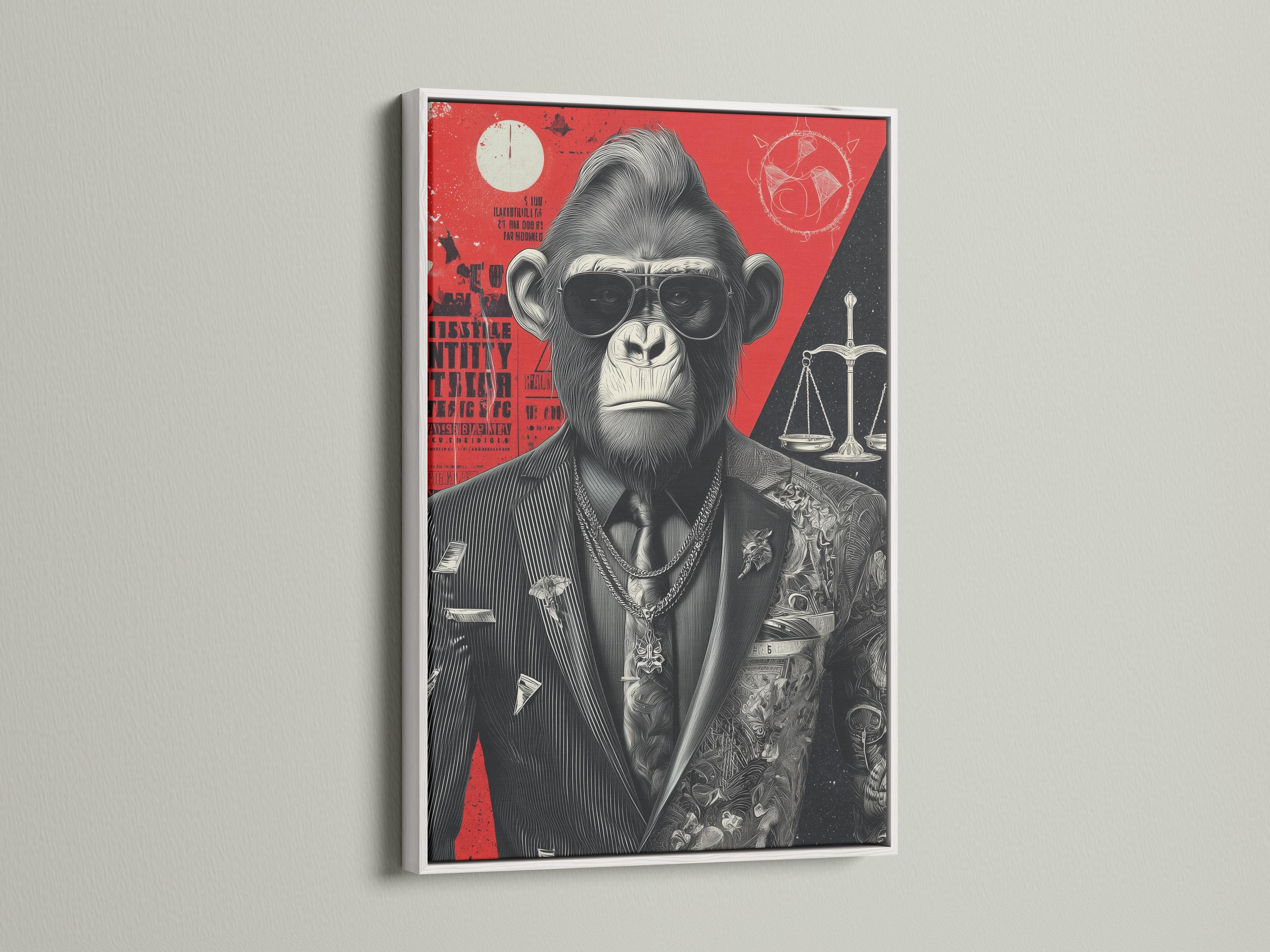 Framed gorilla lawyer artwork on a wall with several side panel mockups