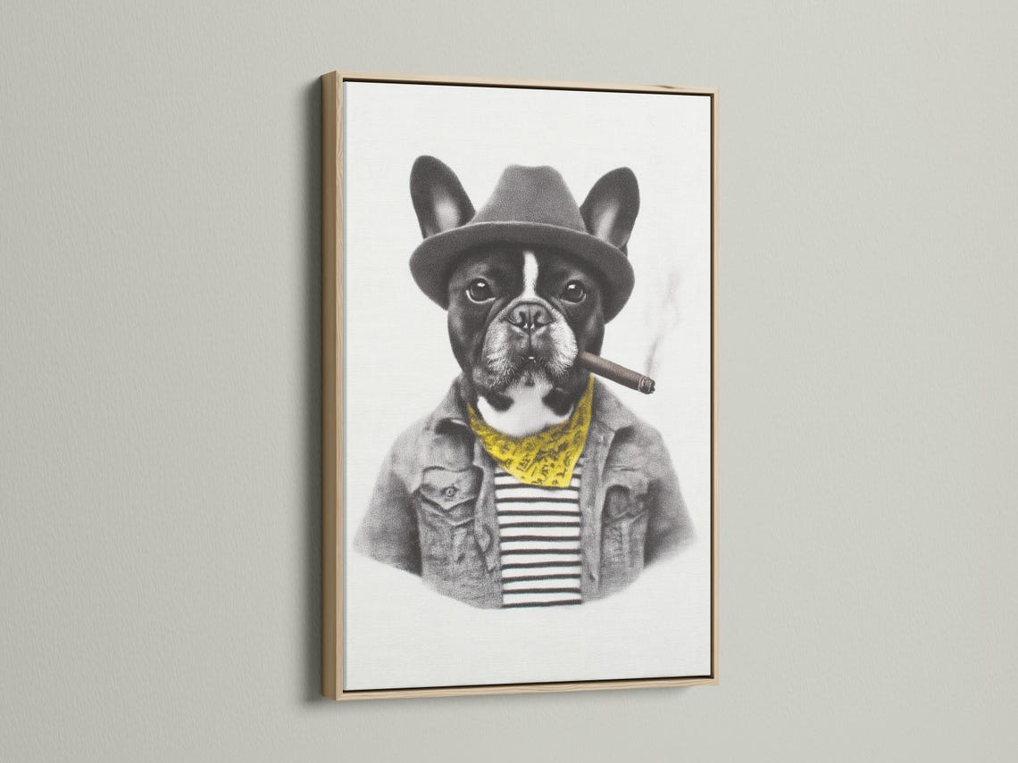Black and white bulldog portrait wearing a hat and yellow scarf with a cigar detail view