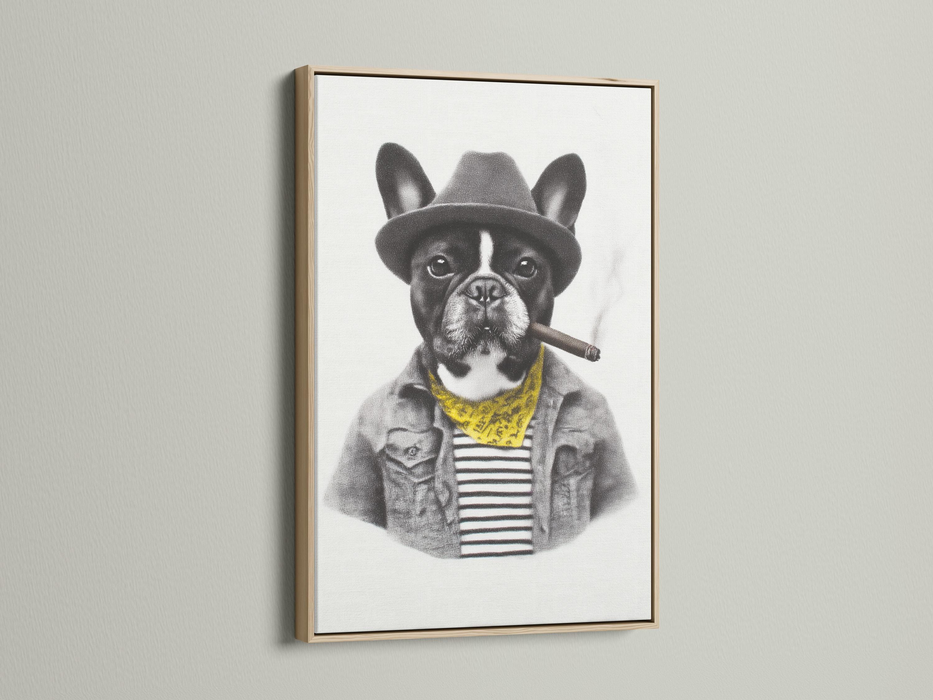 Black and white bulldog portrait wearing a hat and yellow scarf with a cigar detail view