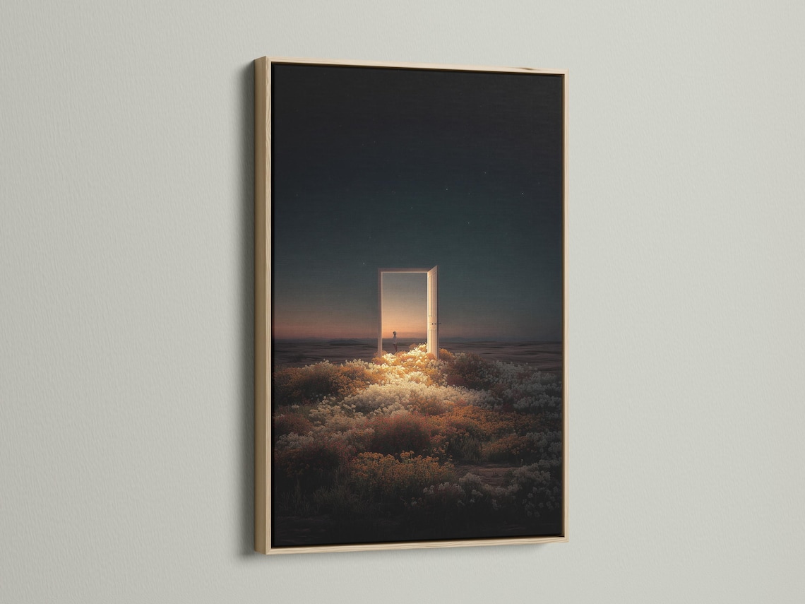 Room mockup showing a framed night seascape with a glowing doorway opening and starry sky