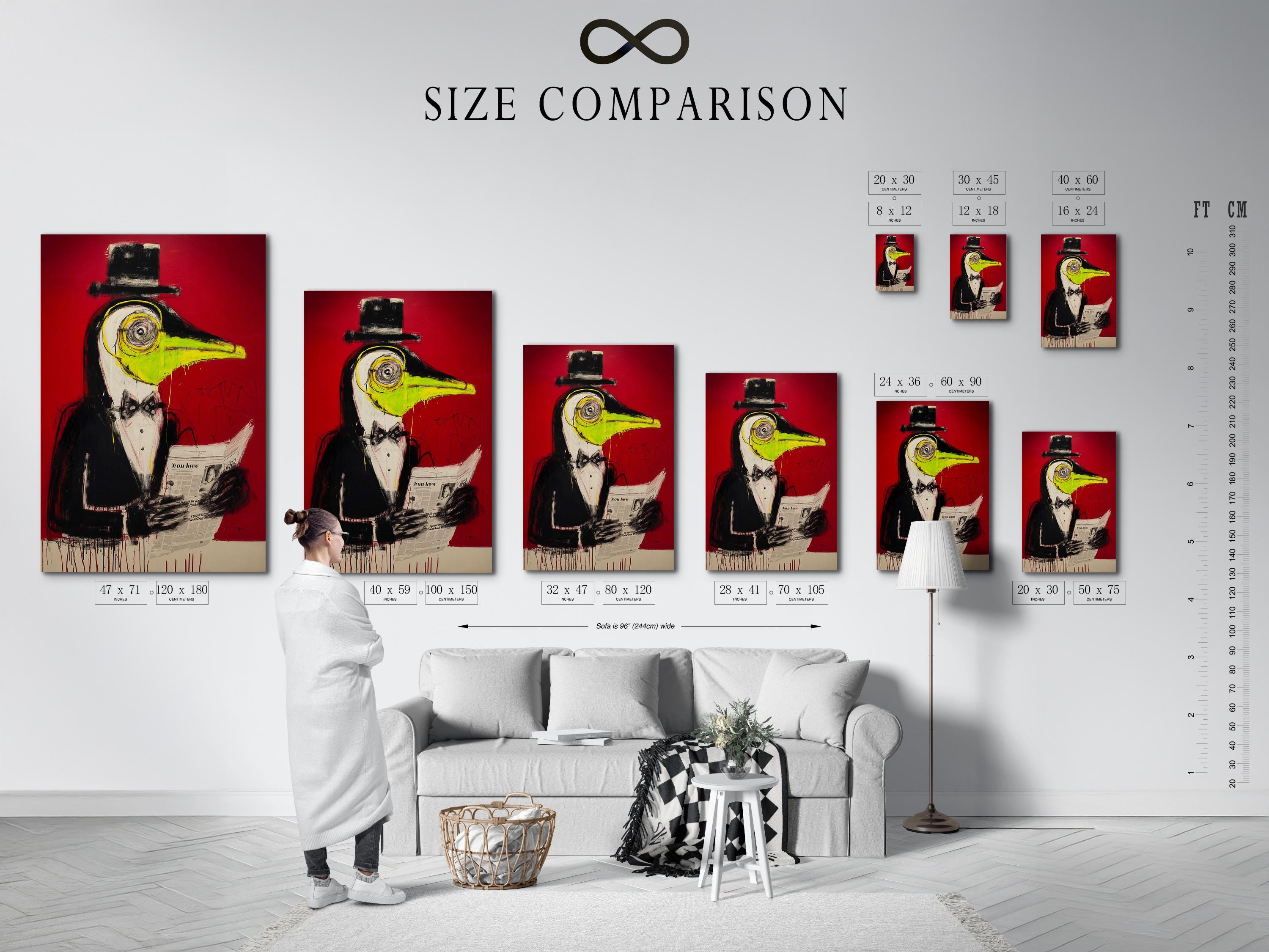 Stylised penguin-like bird portrait with red background, black shapes and yellow-green beak detail view