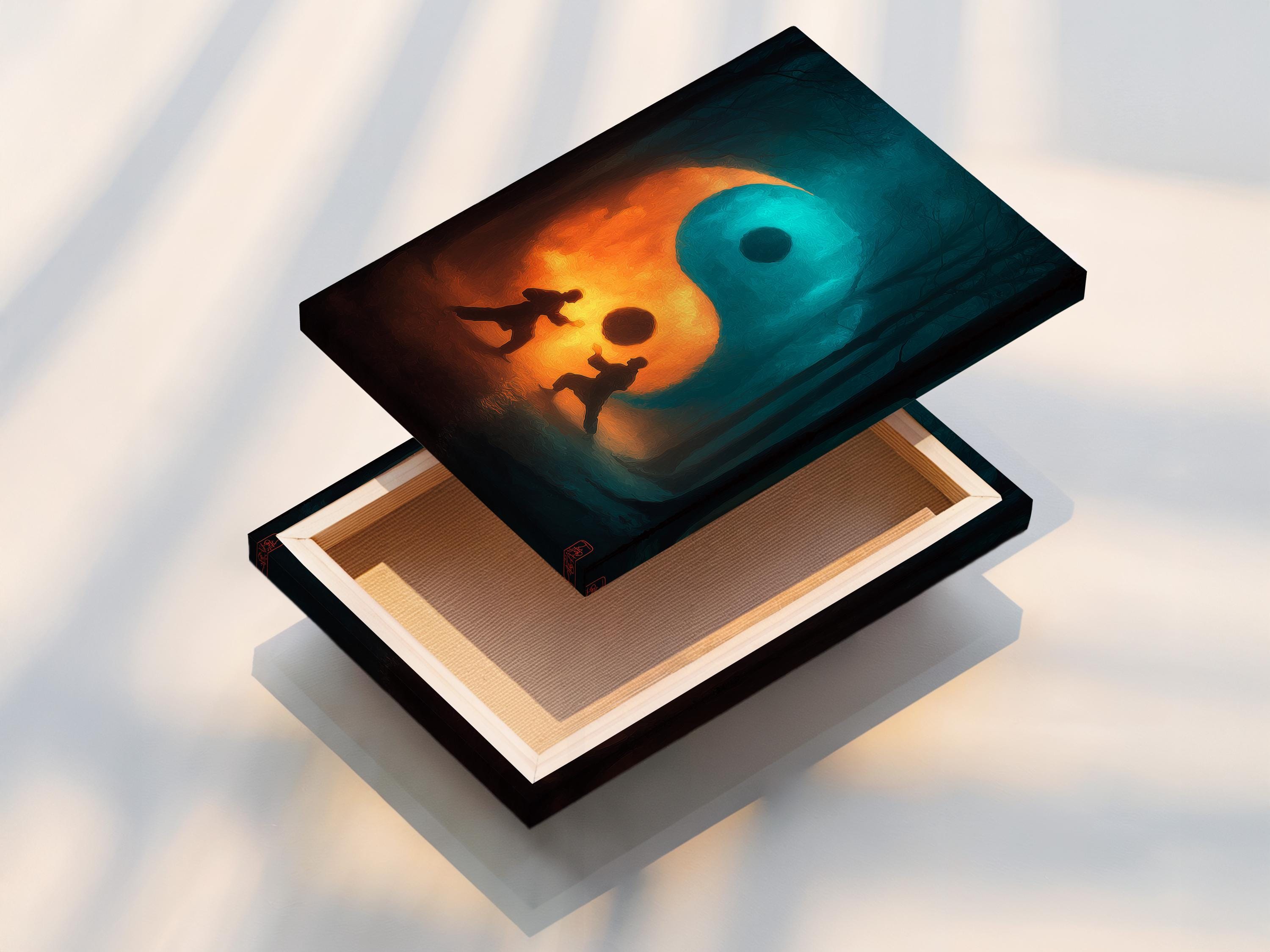 Room mockup showing a framed artwork with a teal and orange yin-yang symbol and two meditating figures