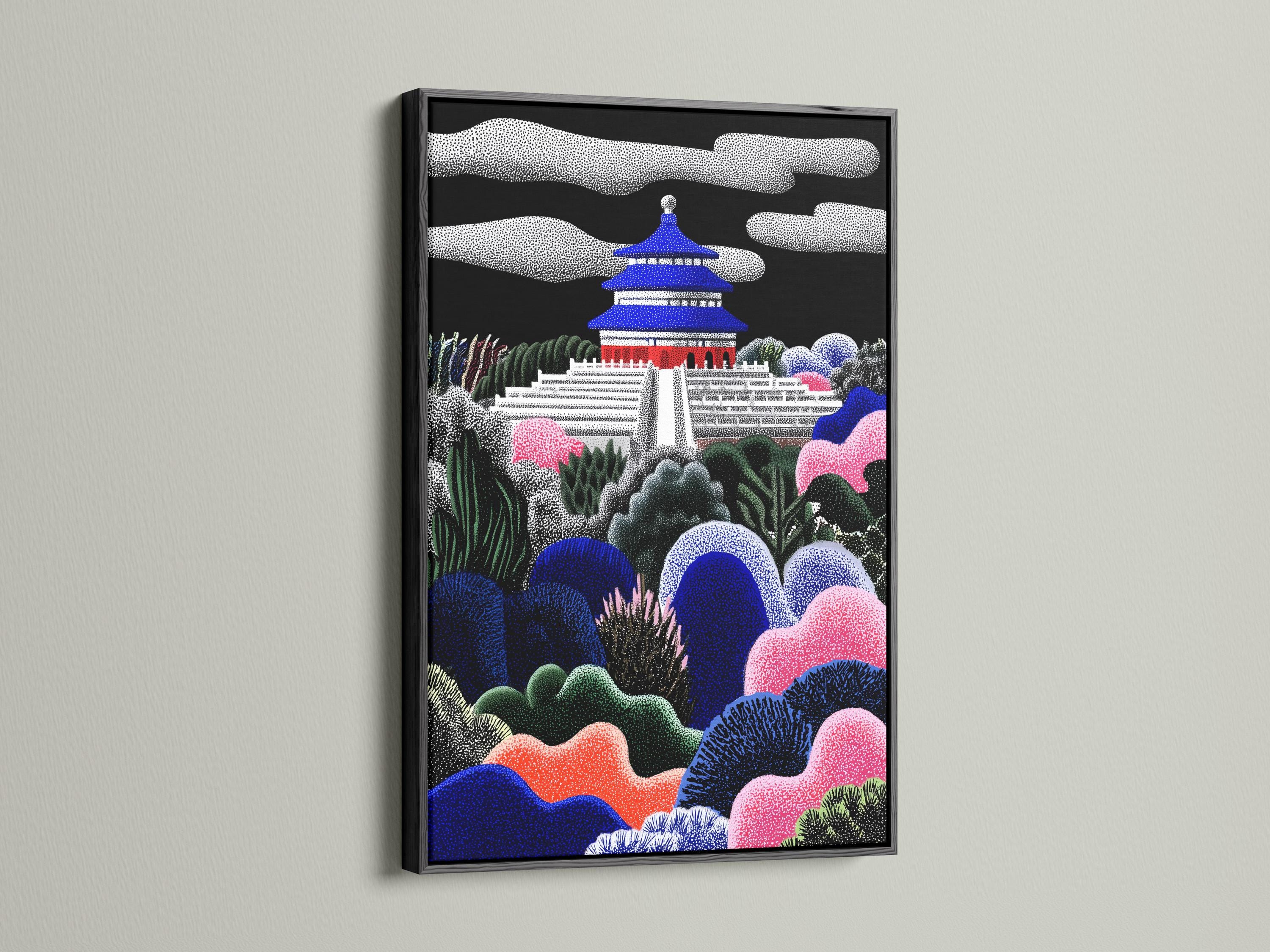 A stylised pagoda temple and terraces rise from layered cactus-like plants and hills, set against a dark night sky with scattered dot textures detail