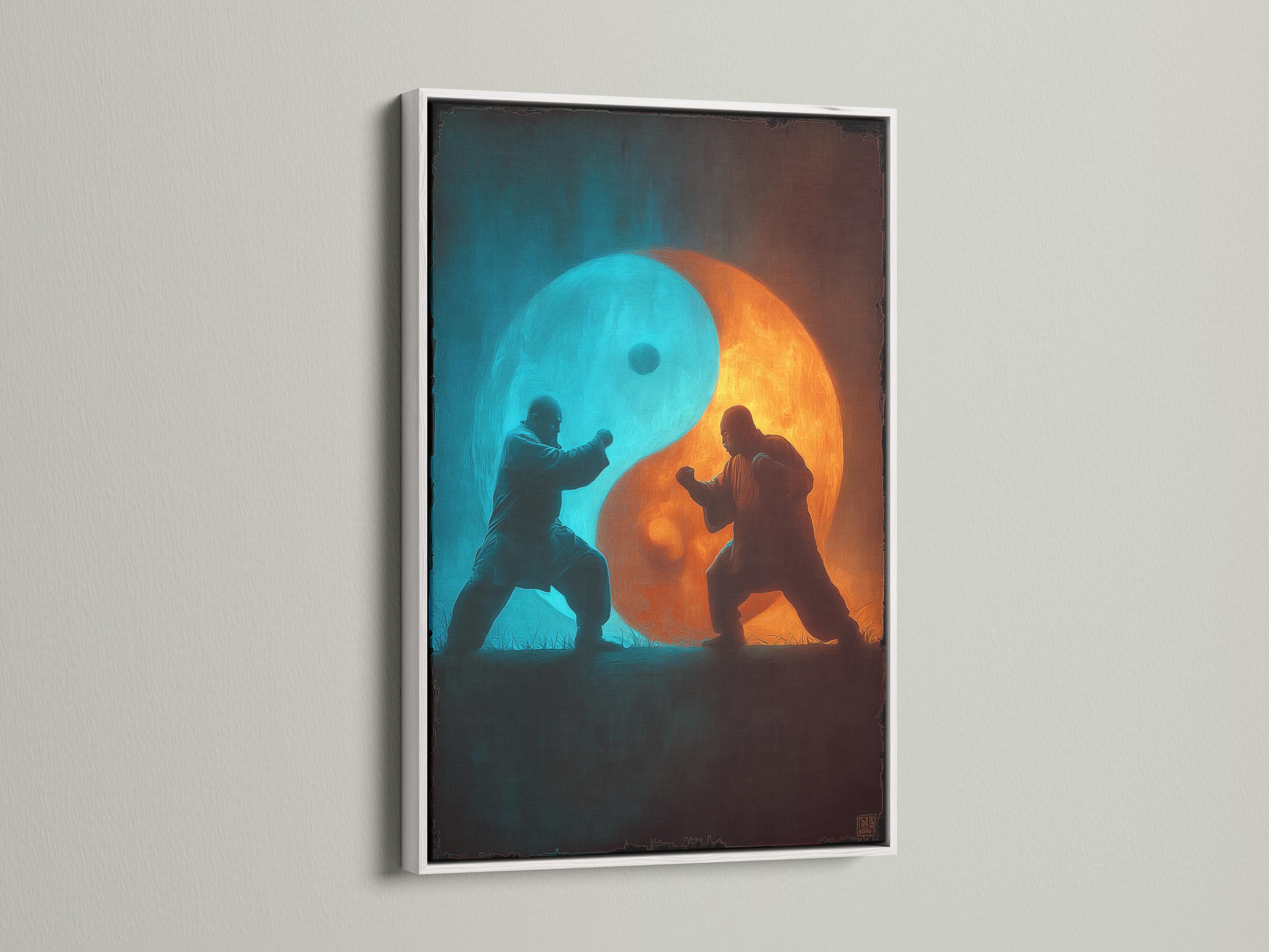 Turquoise and orange yin-yang style artwork with two martial artists facing each other detail view