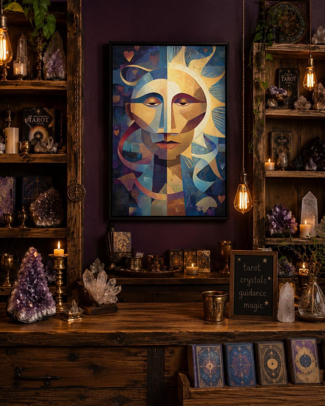 Geometric abstract face with a golden sunburst centre, blue and gold shapes, and small heart motifs detail view