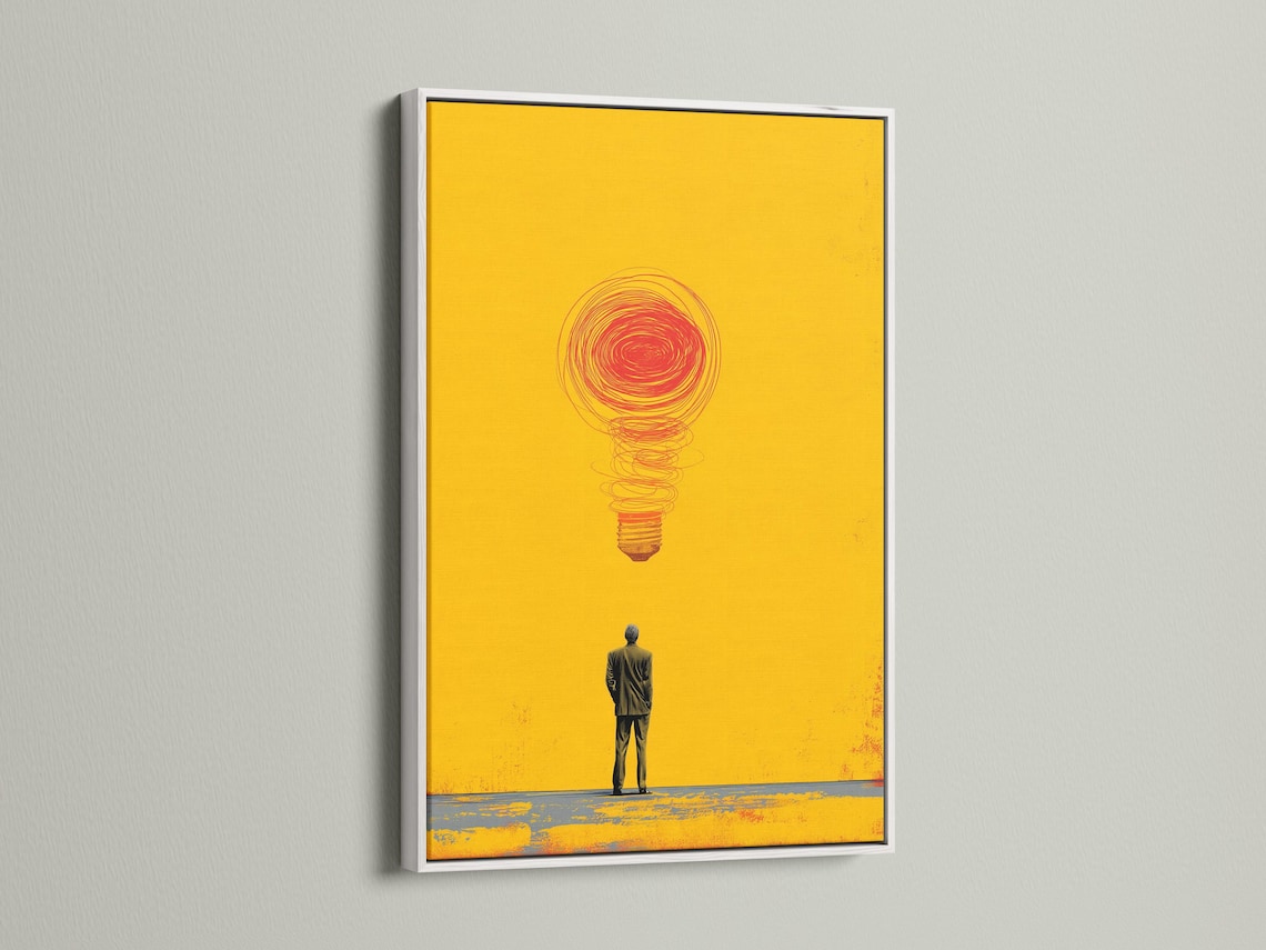 Red swirling lightbulb idea above a dark figure on a bright yellow background detail view