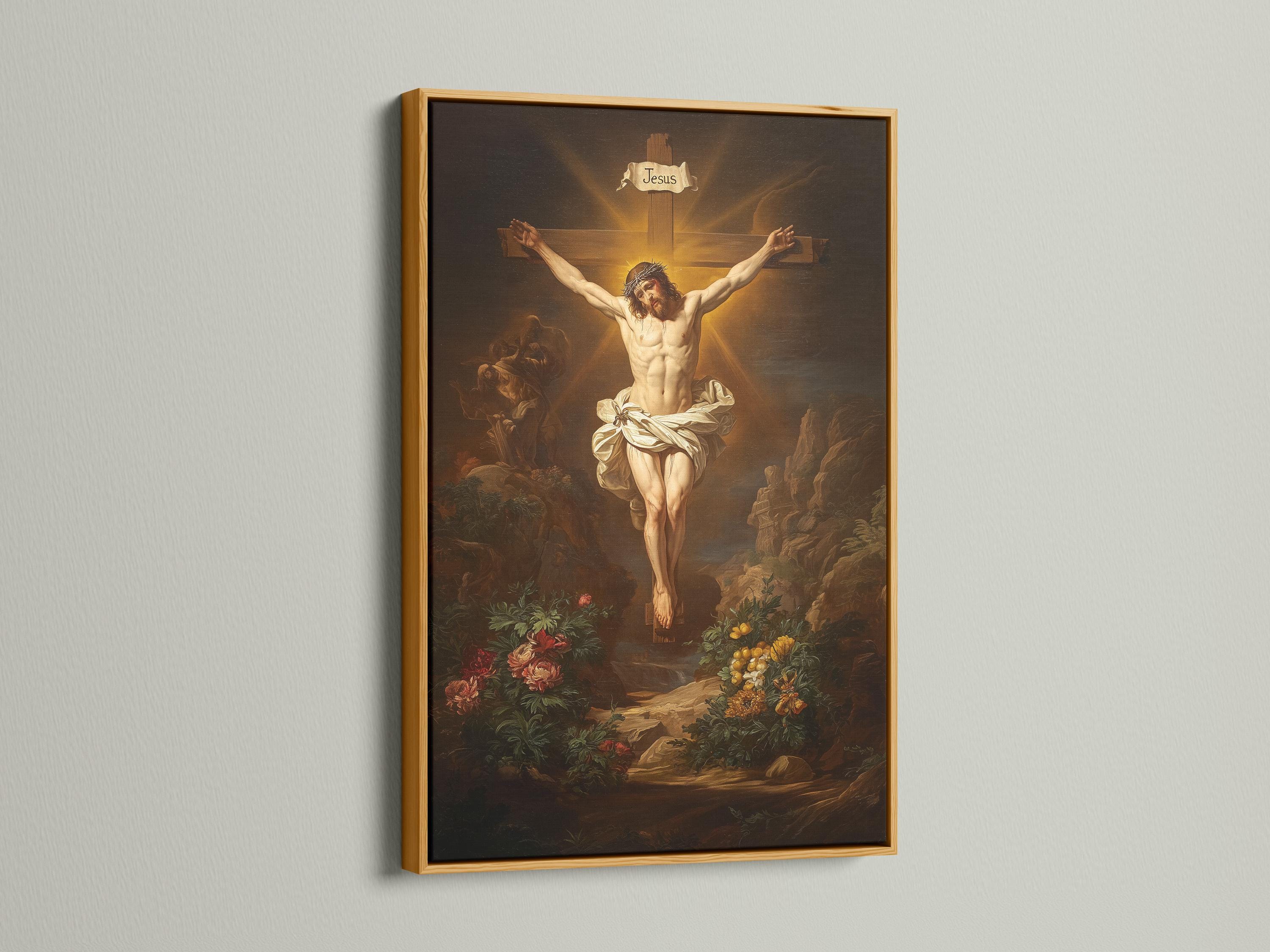 Vintage religious painting of a crucified man with warm gold light behind and flowers in the foreground; banner text reads “Jesus” detail view