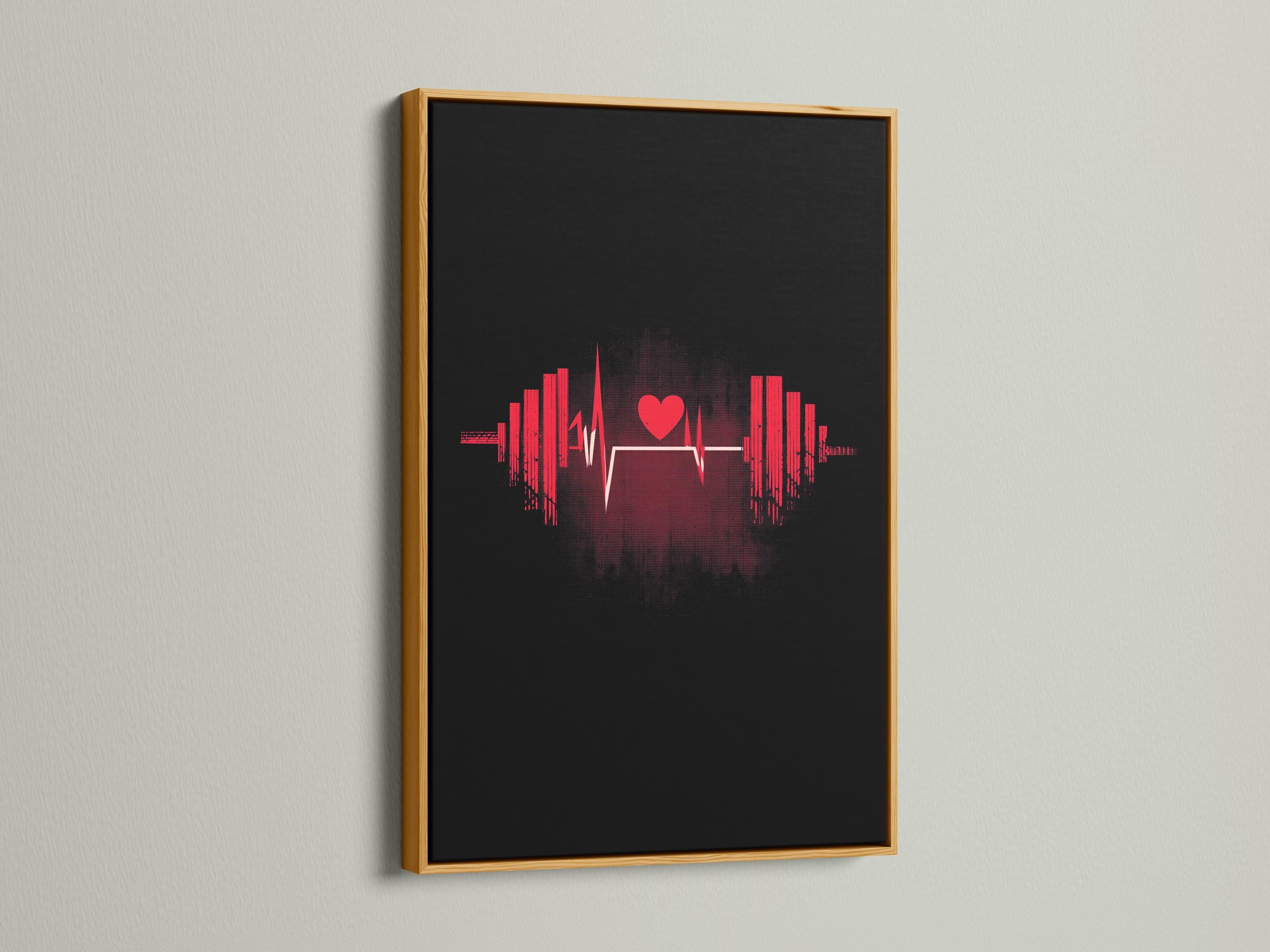 Black fitness graphic with a red heart icon, pulse waveform line and symmetrical vertical bars detail view