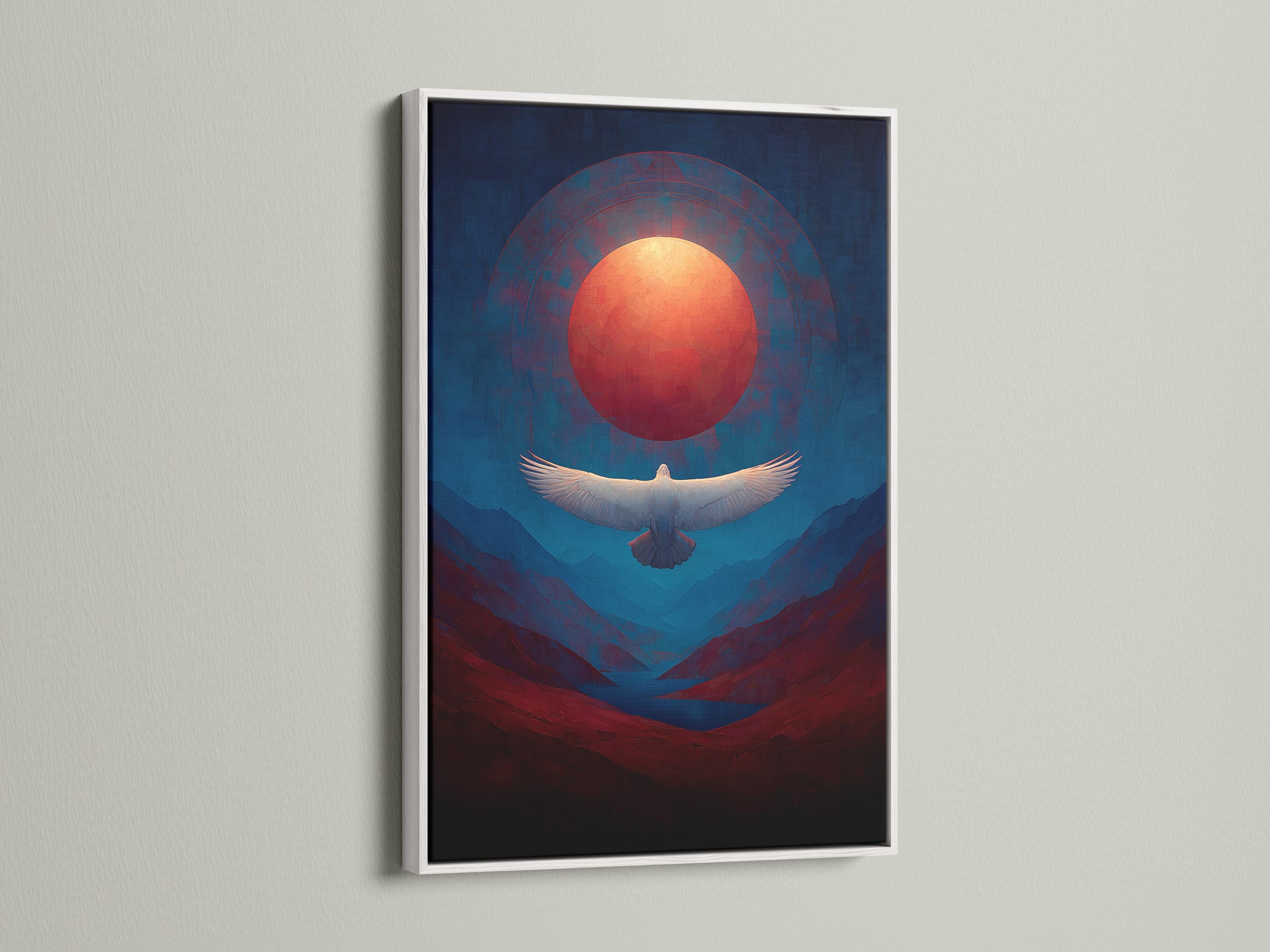 Artwork mockup showing a framed eagle over a blue and red mountain landscape with a glowing red sun
