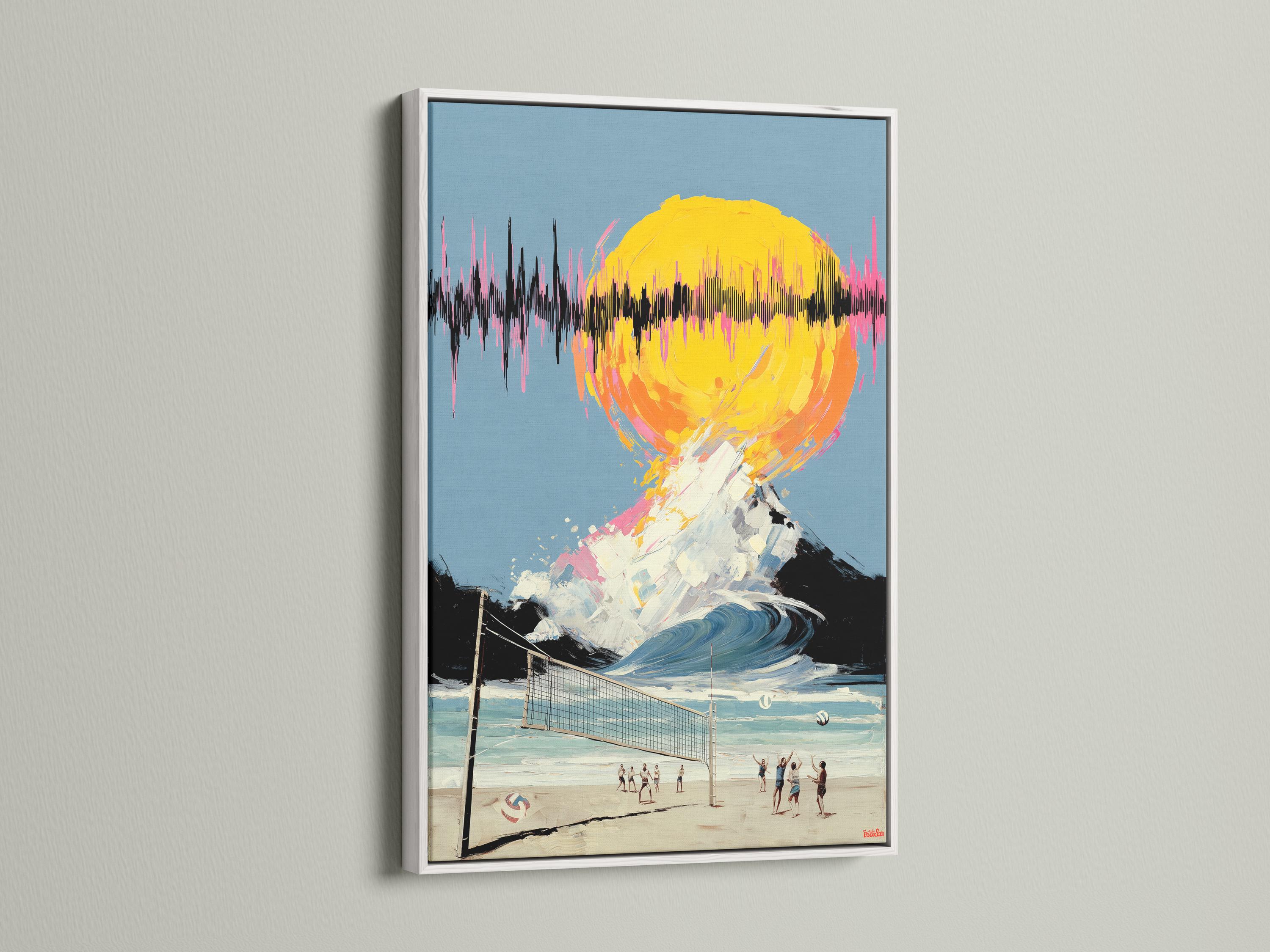 Mockup showing framed artwork featuring surreal beach volleyball and a neon sunset wave