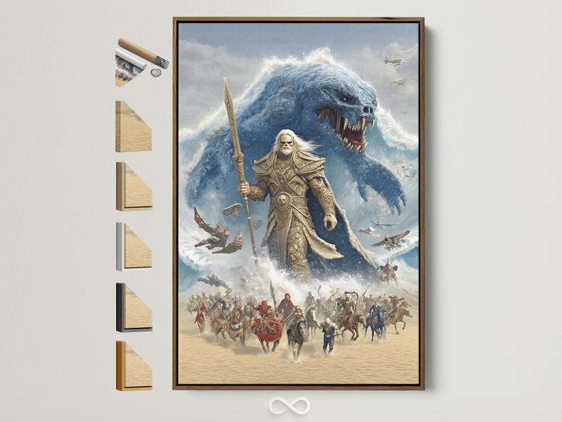 Blue sea monster lunging at a spear-wielding warrior in a stormy fantasy battle scene