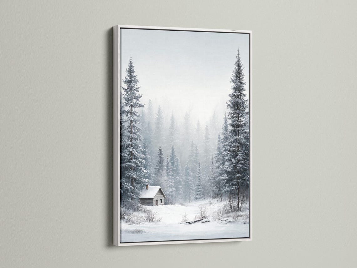 Snowy winter forest scene with pine trees, mist, and a small cabin detail view
