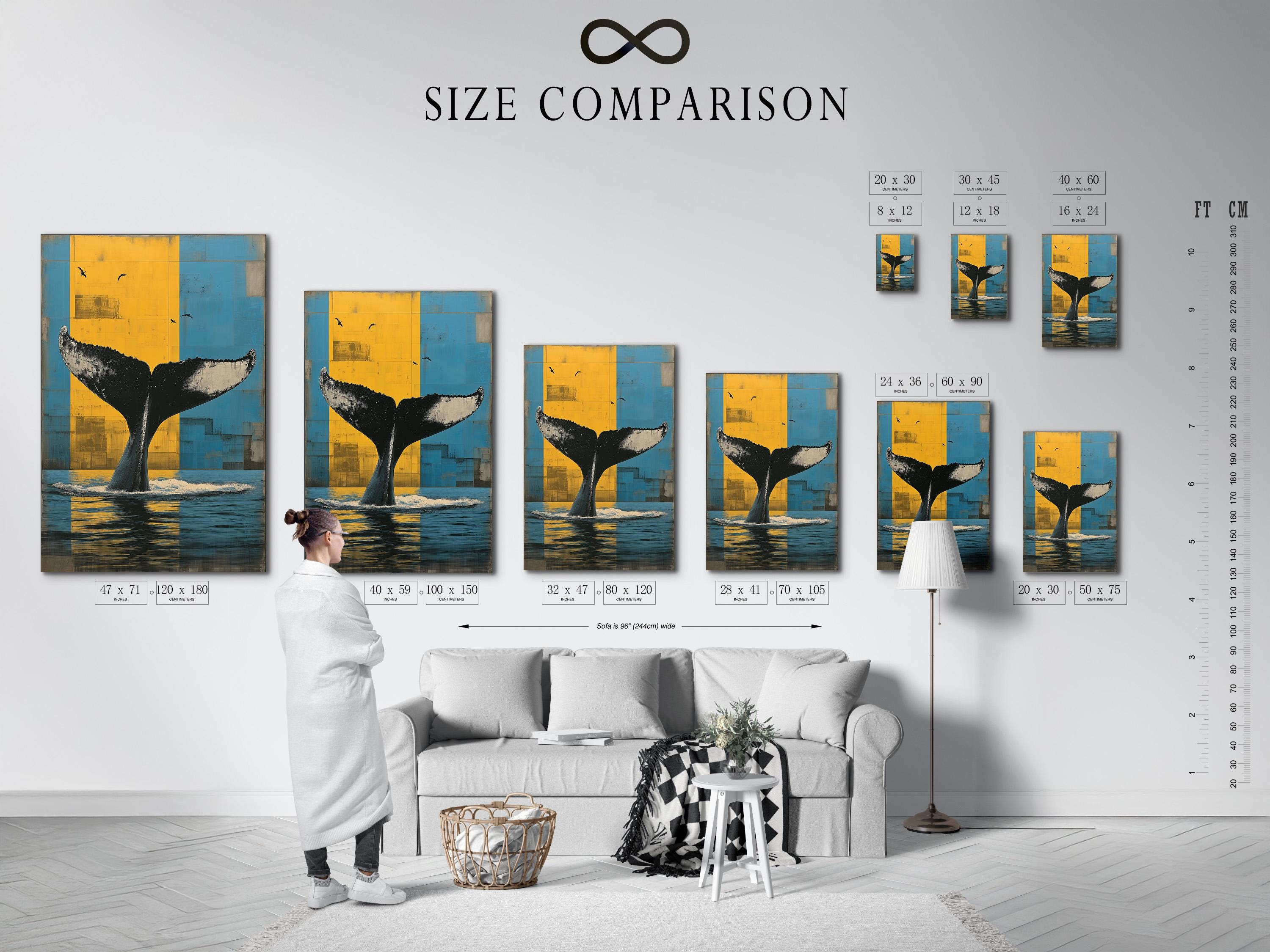 Room mockup showing framed whale tail ocean artwork above a sofa by windows