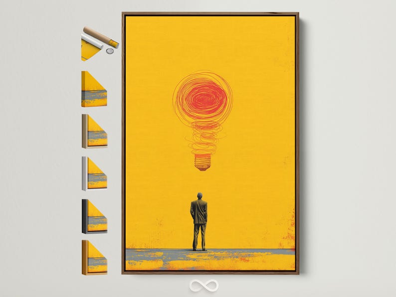 Red swirling lightbulb idea above a dark figure on a bright yellow background