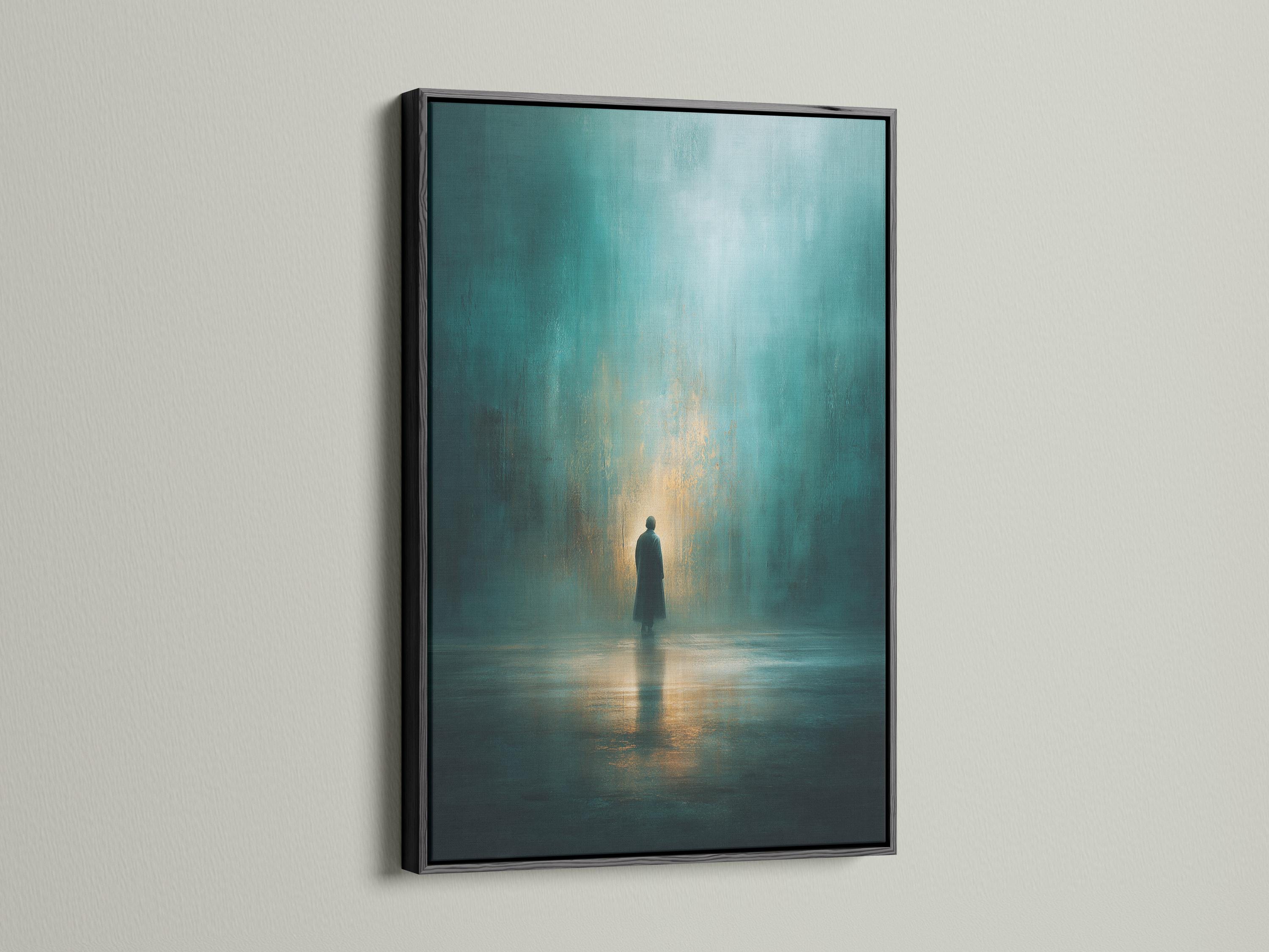 Teal and gold artwork showing a solitary figure silhouette with a warm glow and reflection on the floor detail view