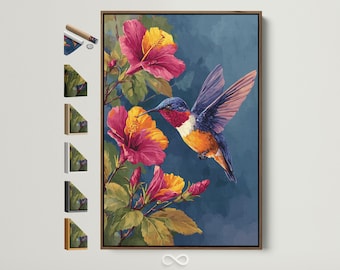 Hummingbird Canvas Art - Floral Wall Decor, Pink Hibiscus Flower Print, Nature Artwork for Living Room, Tropical Home Decor, New Home Gift