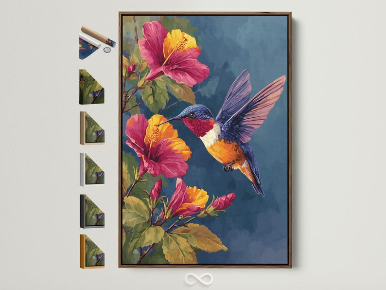 Blue hummingbird hovering among pink hibiscus flowers and green leaves