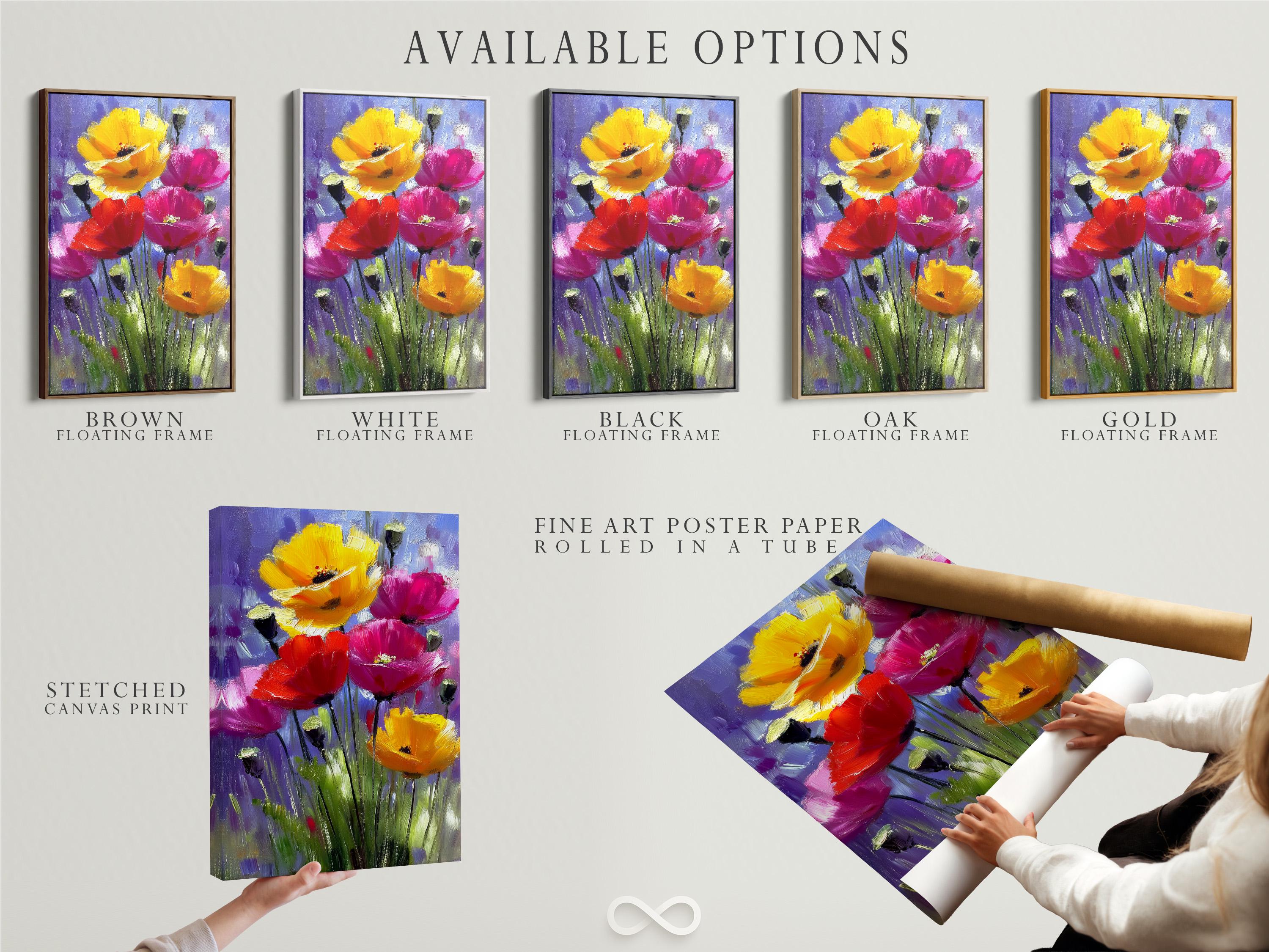 Painterly floral painting with purple, pink, red and yellow blooms and green stems detail view
