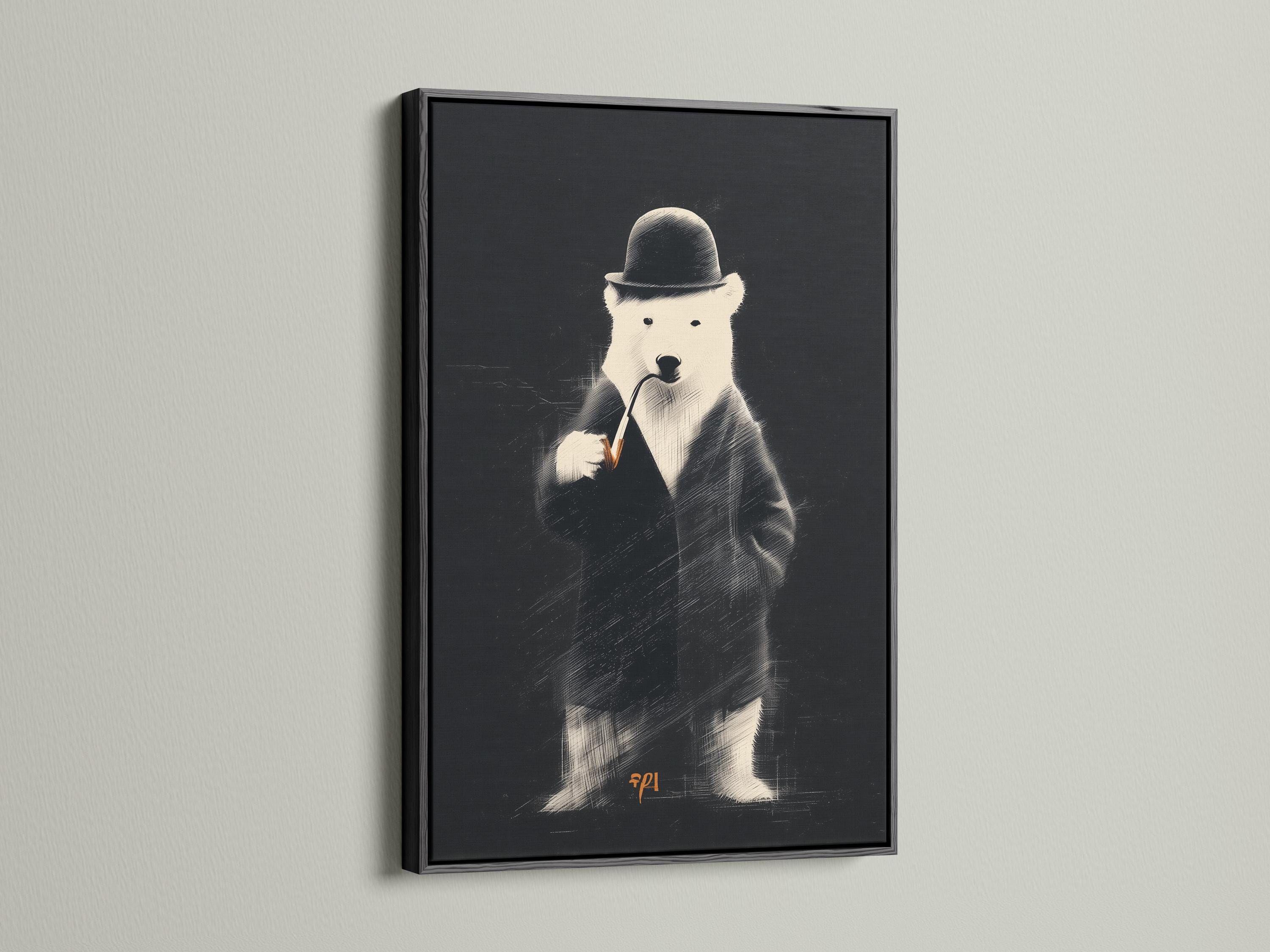 Monochrome polar bear portrait wearing a dark hat and jacket against a textured black background detail view