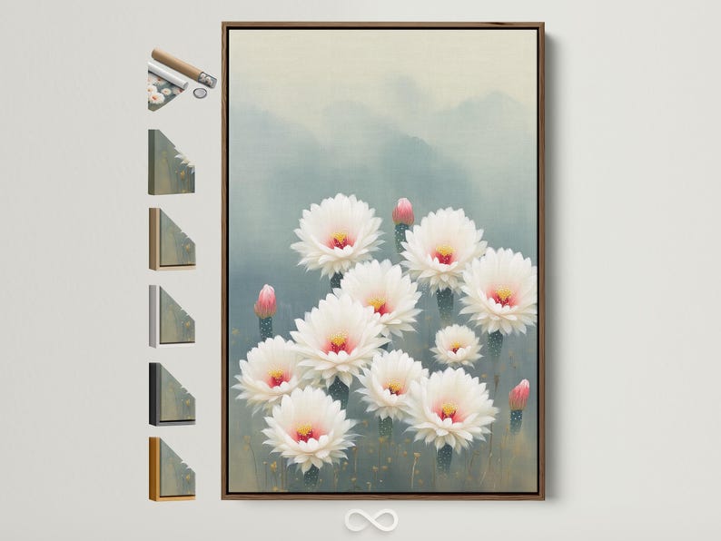 White cactus flowers with pink-red centres and gold specks on a blue-grey background