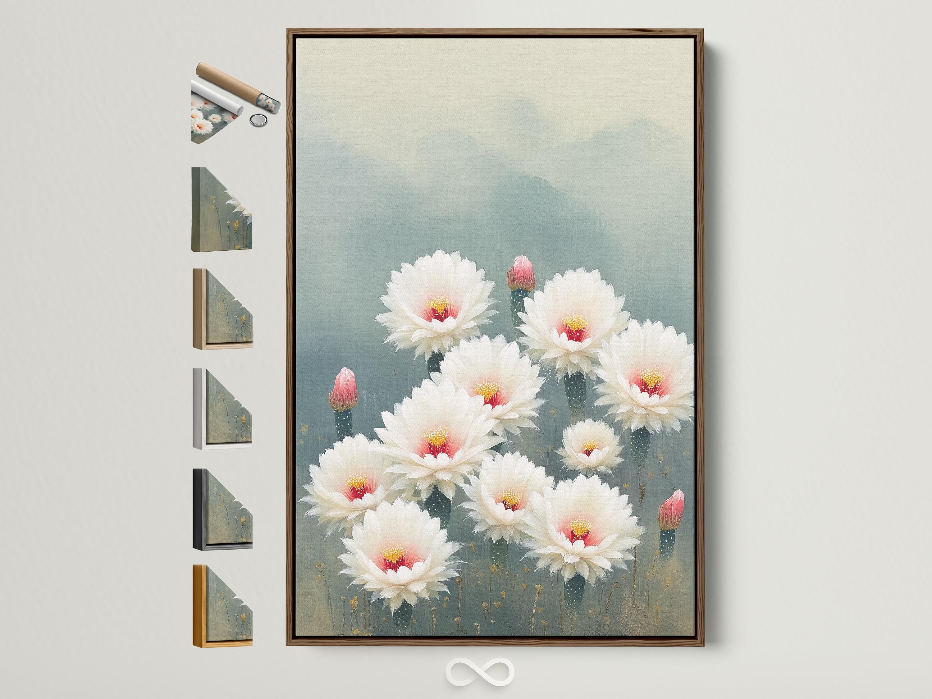 White cactus flowers with pink-red centres and gold specks on a blue-grey background