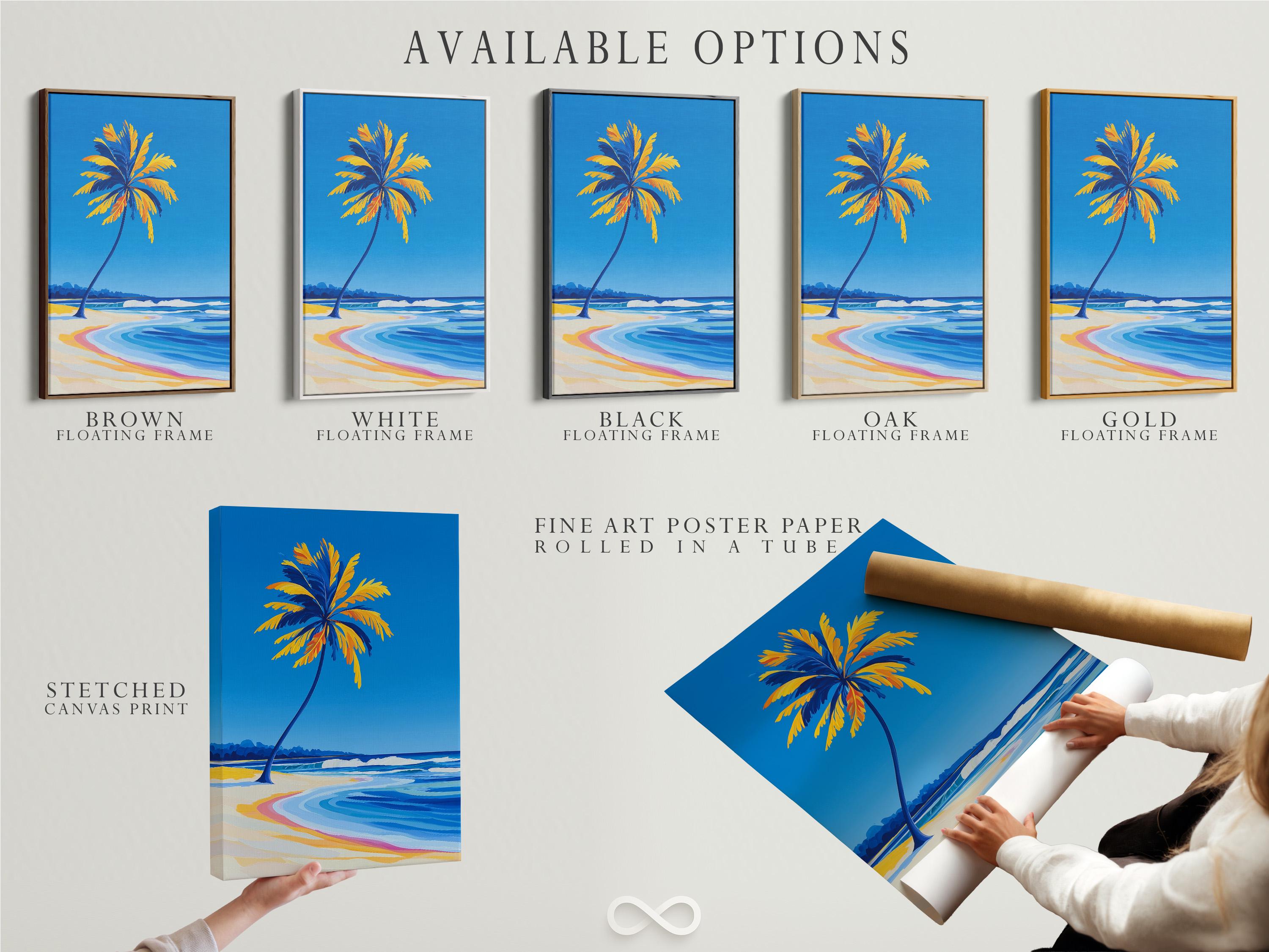Room mockup showing a framed tropical beach seascape with palm tree, ocean waves and sandy shore