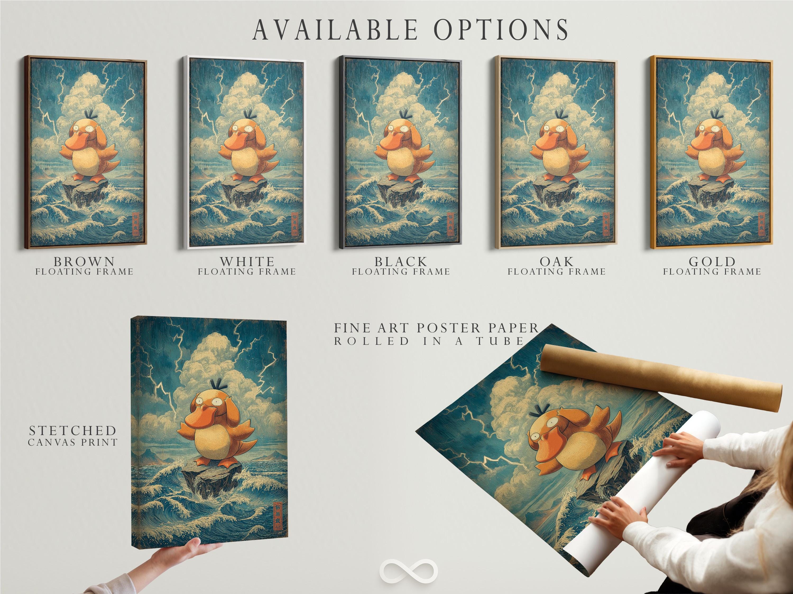Room mockup showing a framed artwork of a duck in foamy ocean waves
