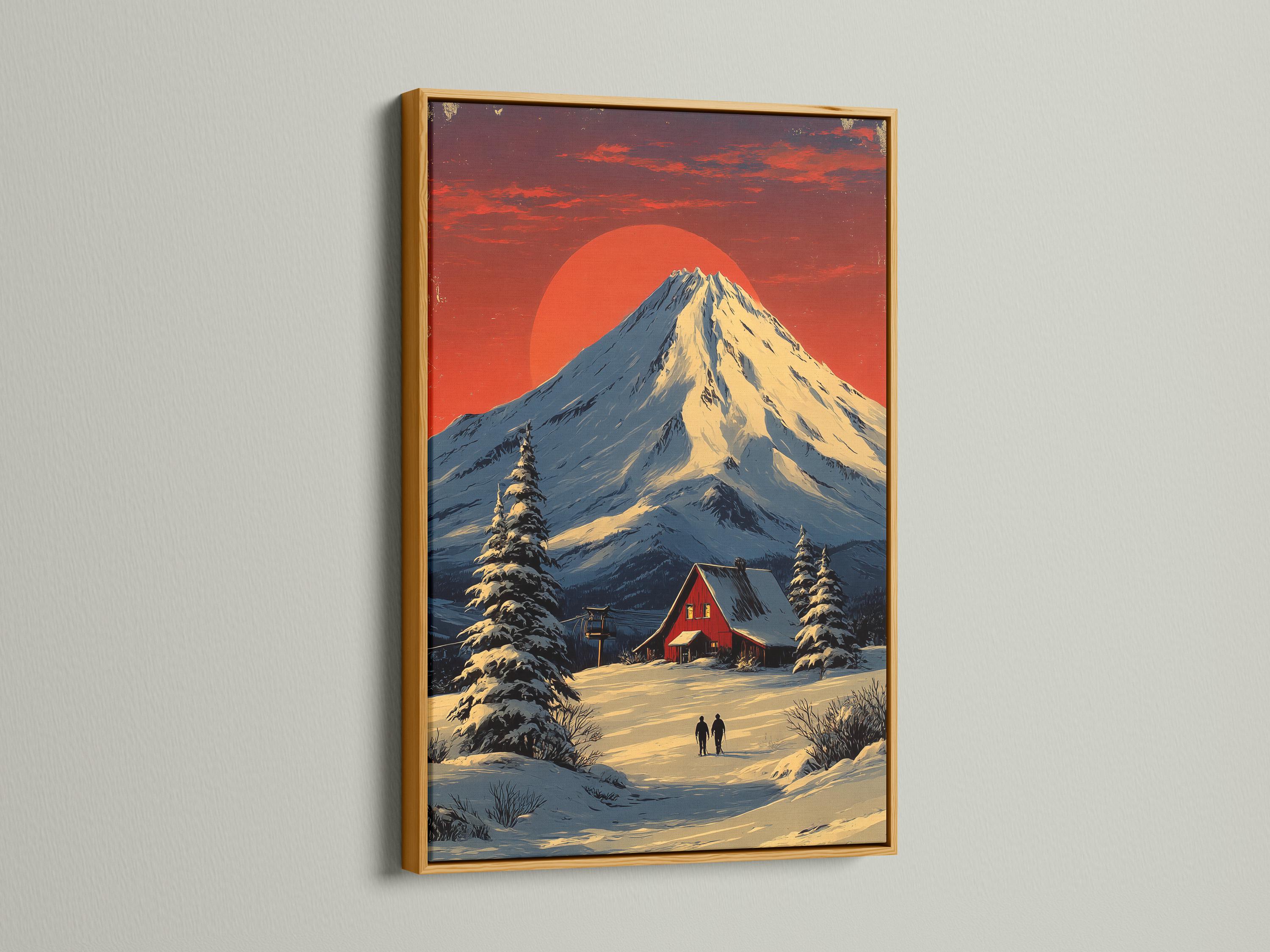Illustrated winter mountain landscape with a snowy peak, red cabin, pine trees and two silhouettes walking detail view