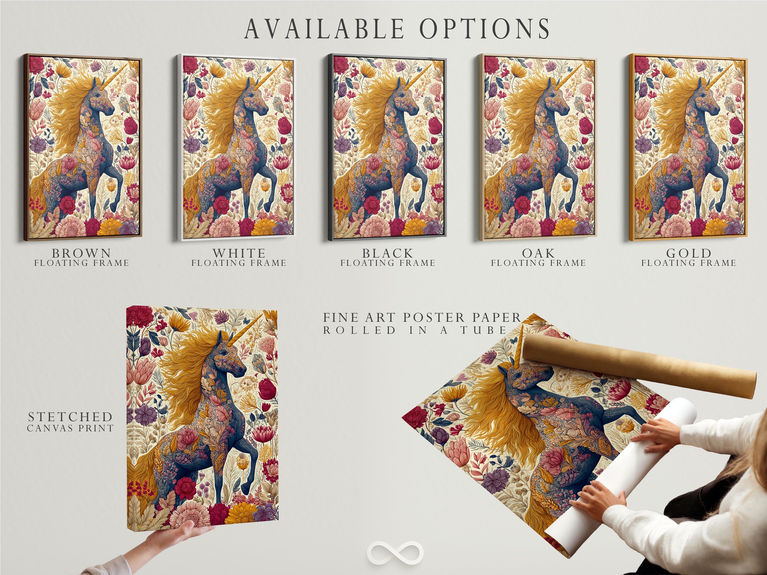 Illustrated unicorn with flowing golden mane among layered flowers and leaves on a pale cream background detail view