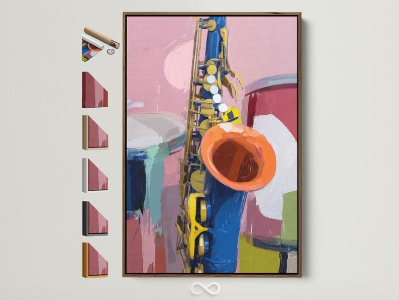 Colourful painterly saxophone illustration in pink, blue, yellow and orange tones