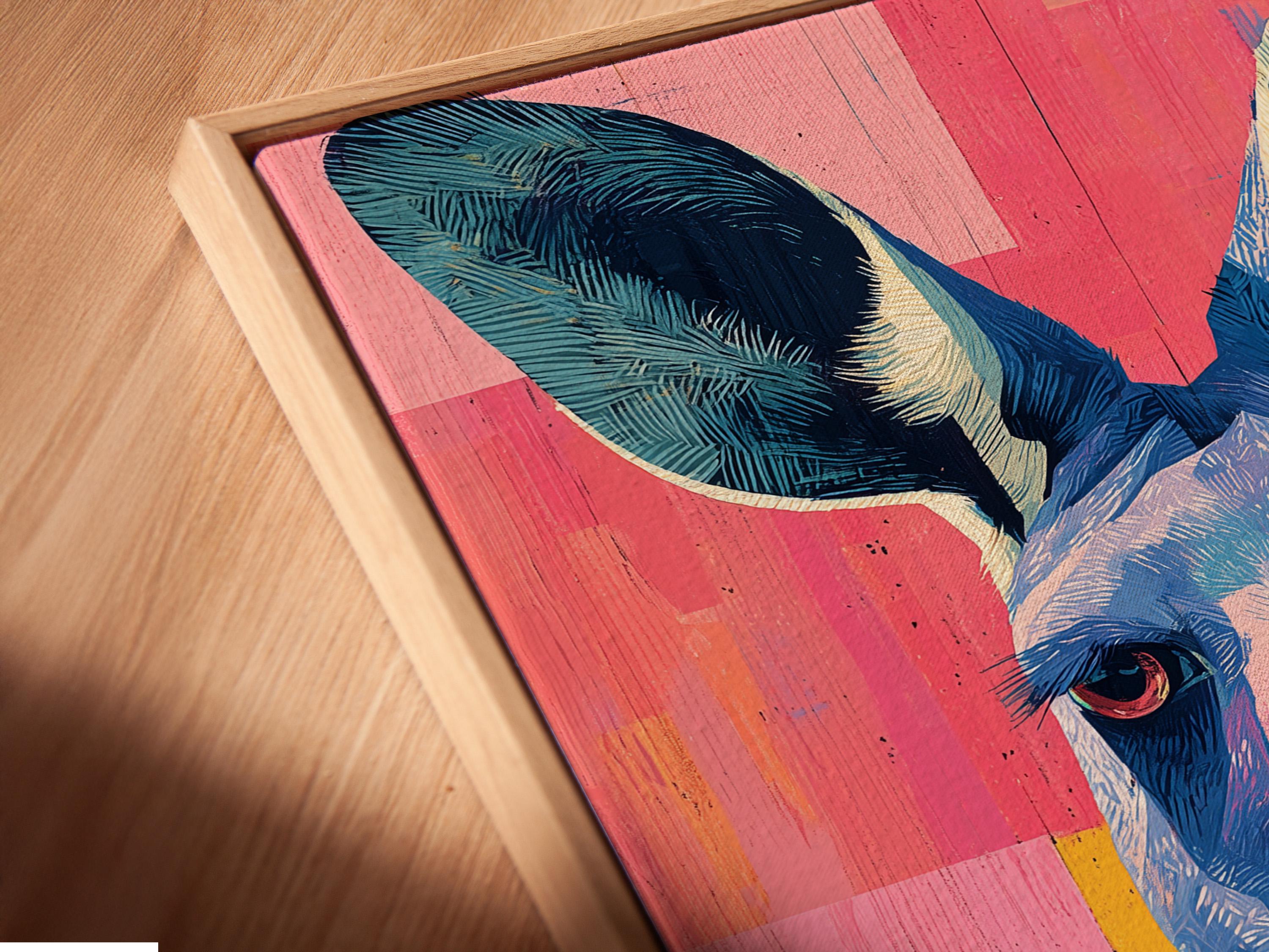 Stylised kangaroo portrait in deep blue and cream on a hot pink and yellow colour-block background detail view