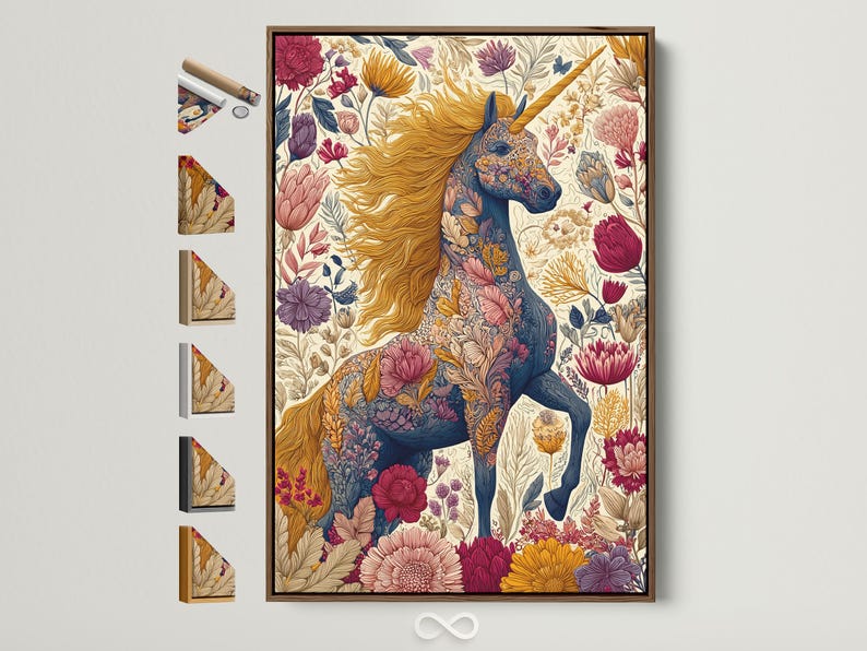 Illustrated unicorn with flowing golden mane among layered flowers and leaves on a pale cream background