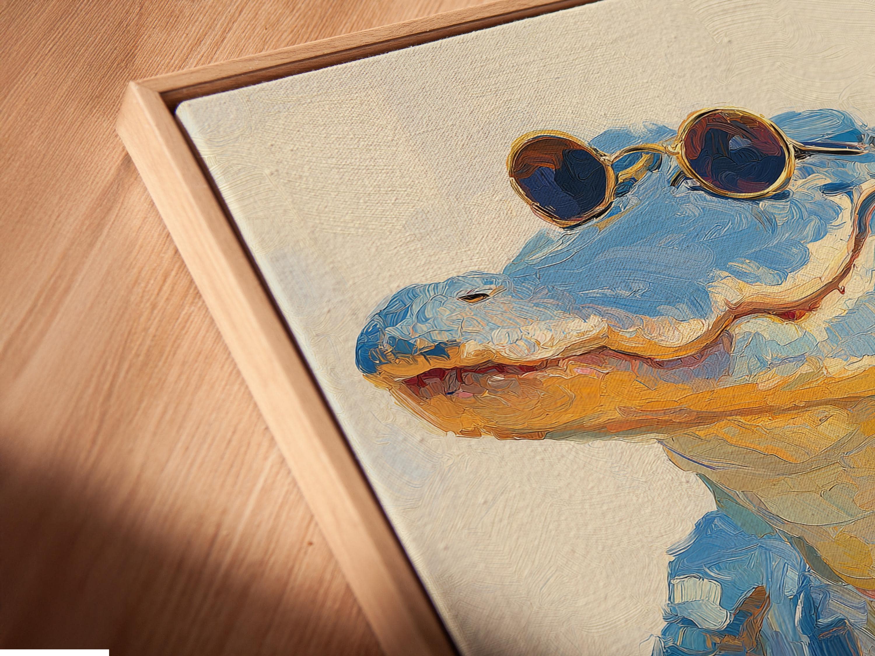 A stylised blue alligator figure wearing round sunglasses on a pale background detail view