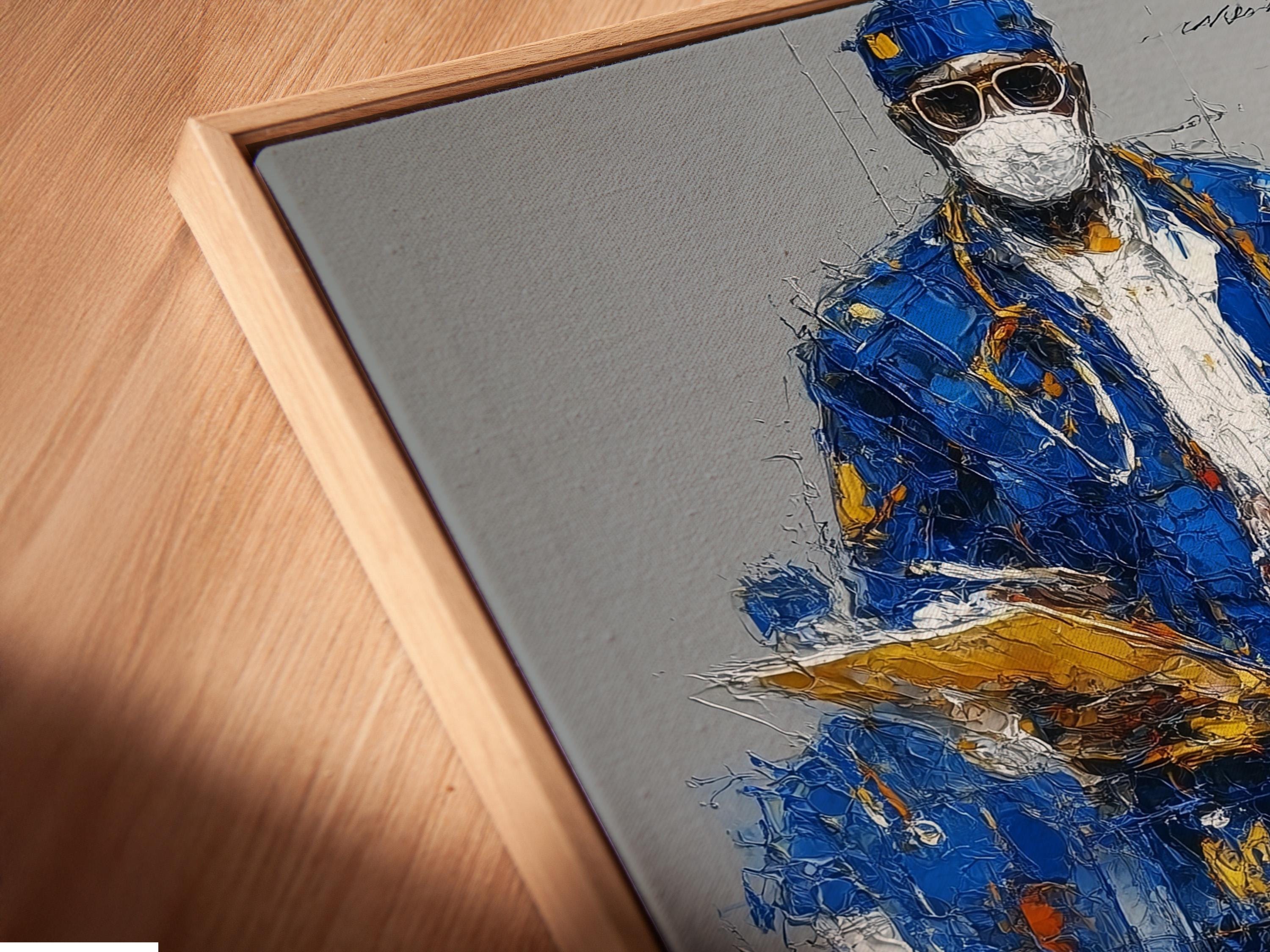 A blue masked healthcare worker with glasses and gold accents in a painterly portrait detail view