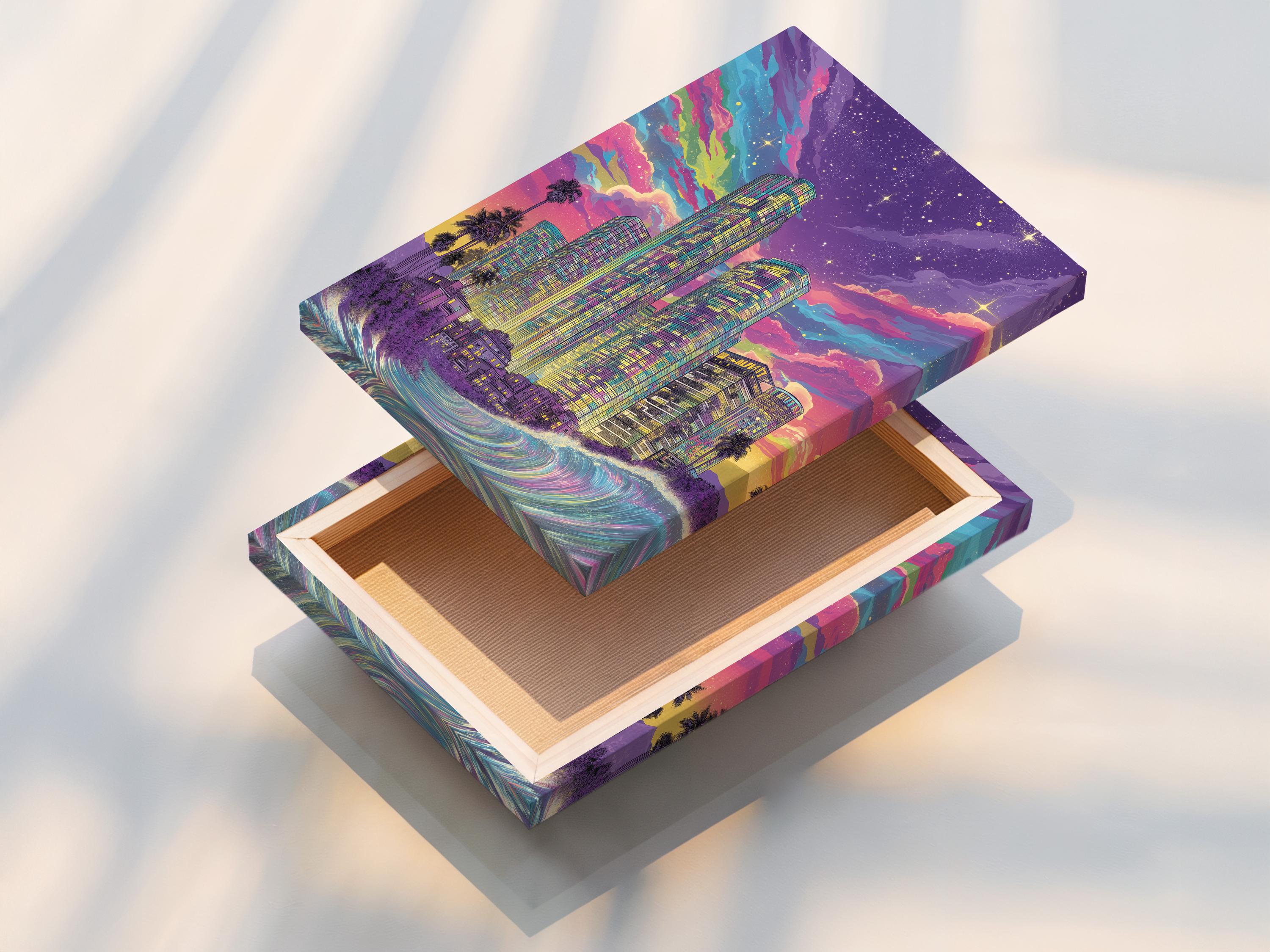 Retro neon city skyline with tall skyscrapers, ocean waves, starry purple sky and palm silhouettes detail view