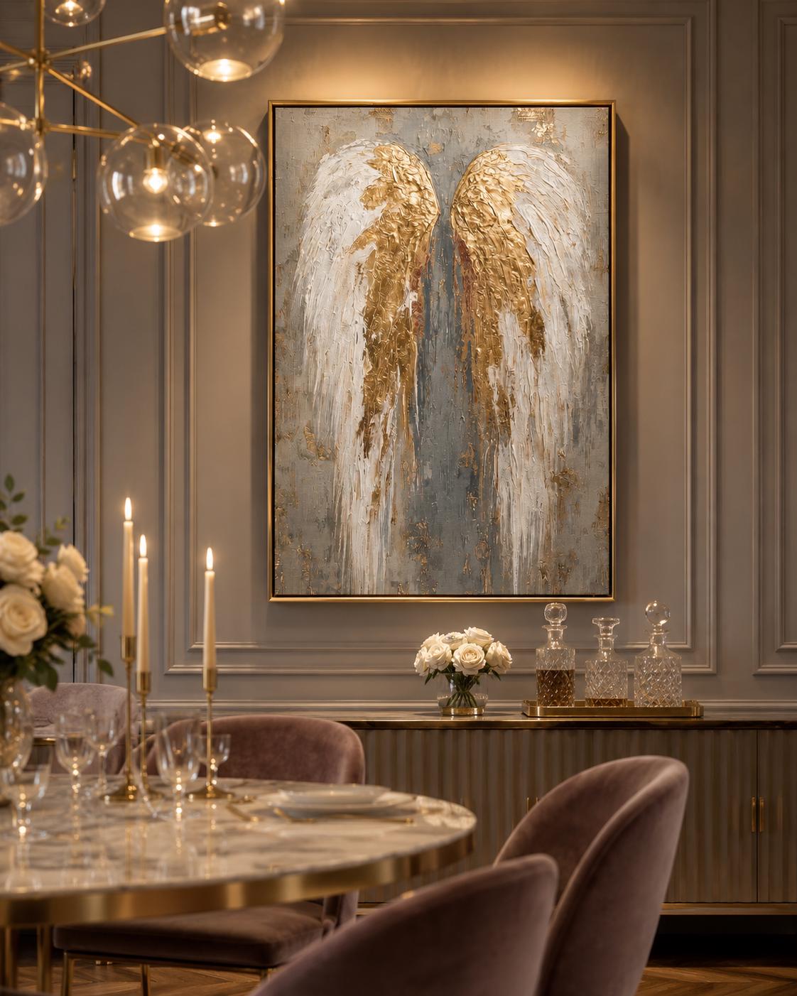 An angel-wing motif is shown symmetrically in layered white, grey and gold leaf-like tones, set against a textured neutral background detail view