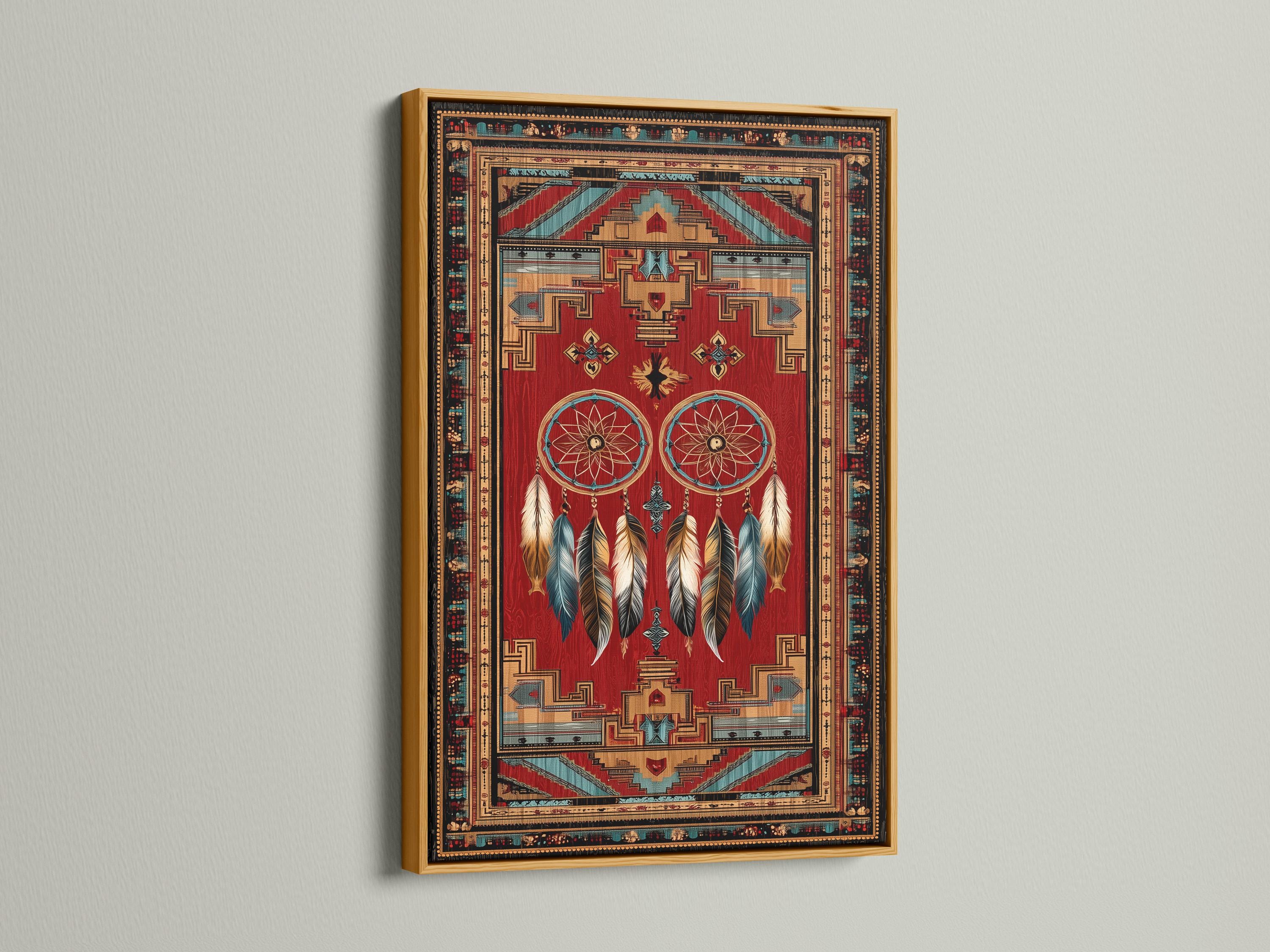 Dreamcatcher wall art with red background, teal circular webs, hanging feathers and geometric border detail view