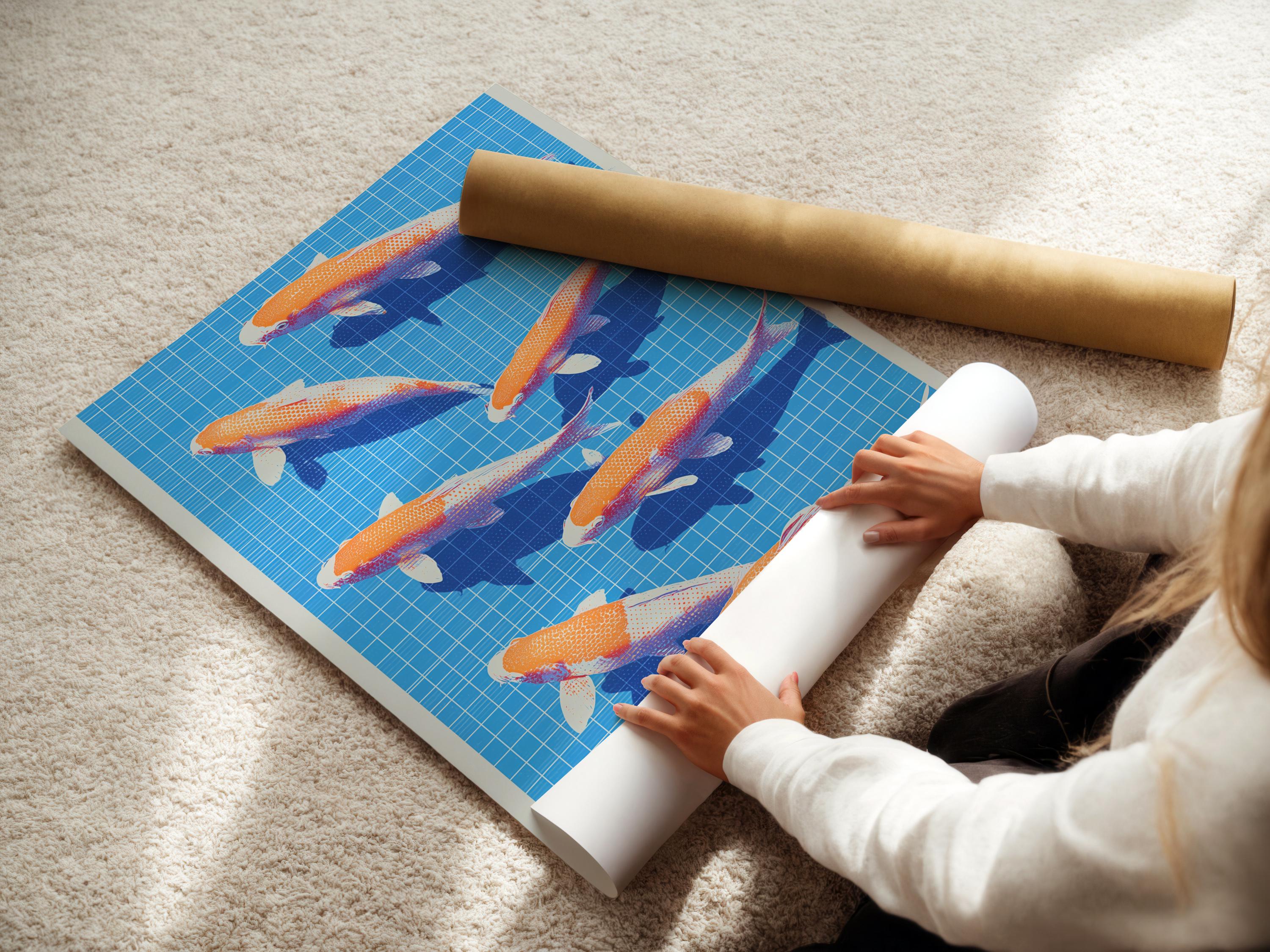 Orange koi fish swimming on a bright blue grid background with dark blue water shapes detail view