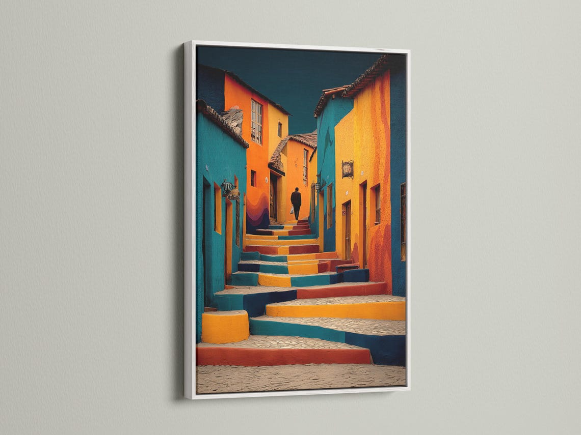 Colourful street steps artwork with teal, orange and deep blue buildings and a lone silhouette detail view