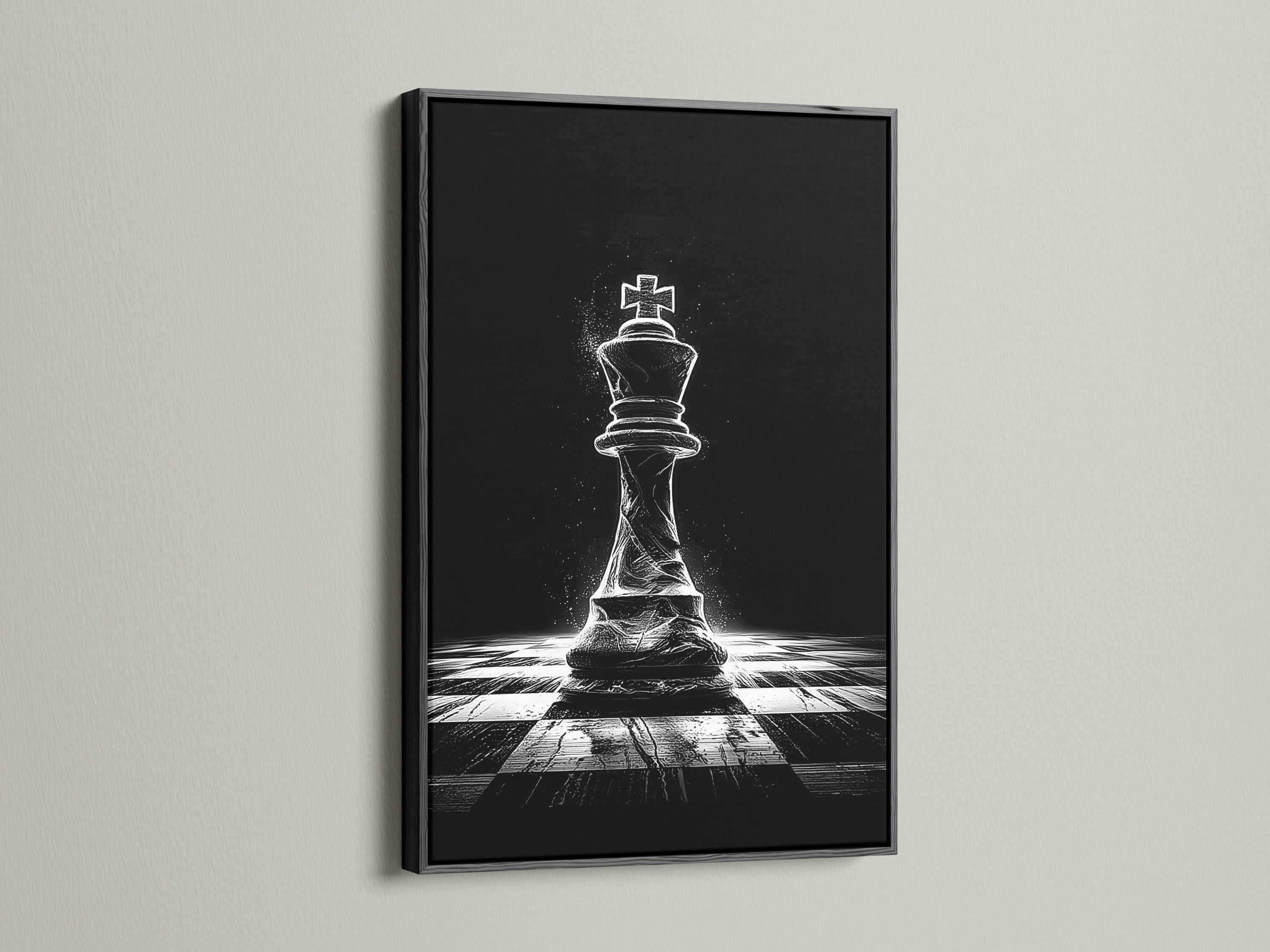 Black and white chess king illustration with a speckled background and perspective chessboard floor detail view
