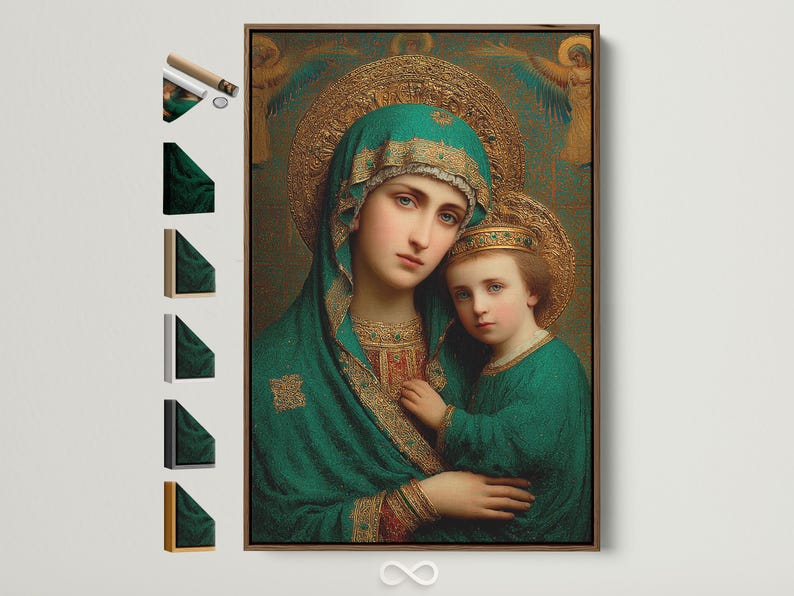 Devotional portrait of a woman holding a child with ornate gold halos on an emerald green background