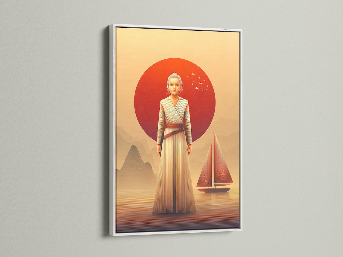 Stylised female sci‑fi figure in striped robe beneath a large red sun over a desert landscape detail view