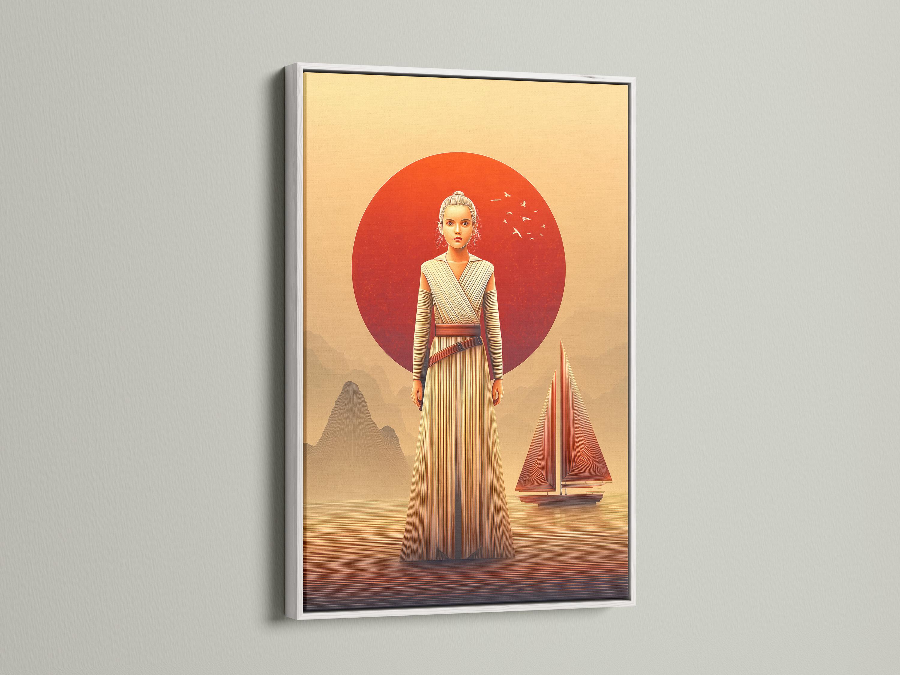 Stylised female sci‑fi figure in striped robe beneath a large red sun over a desert landscape detail view