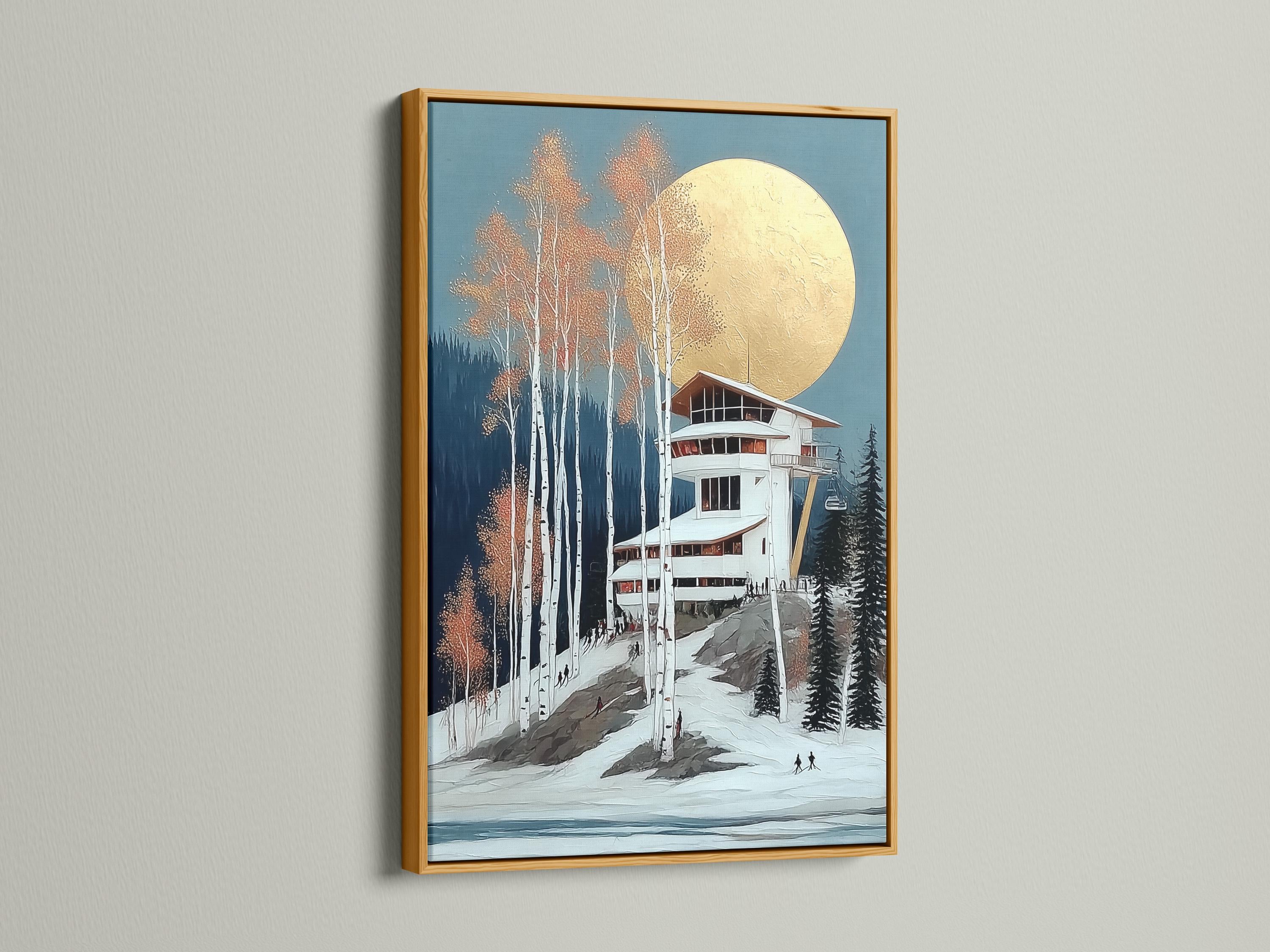 Winter ski lodge scene with a gold moon, snowy trees and a cabin detail view
