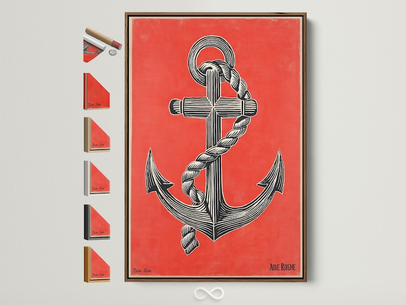 Coral red anchor illustration with black and cream rope-like stripes and ring details