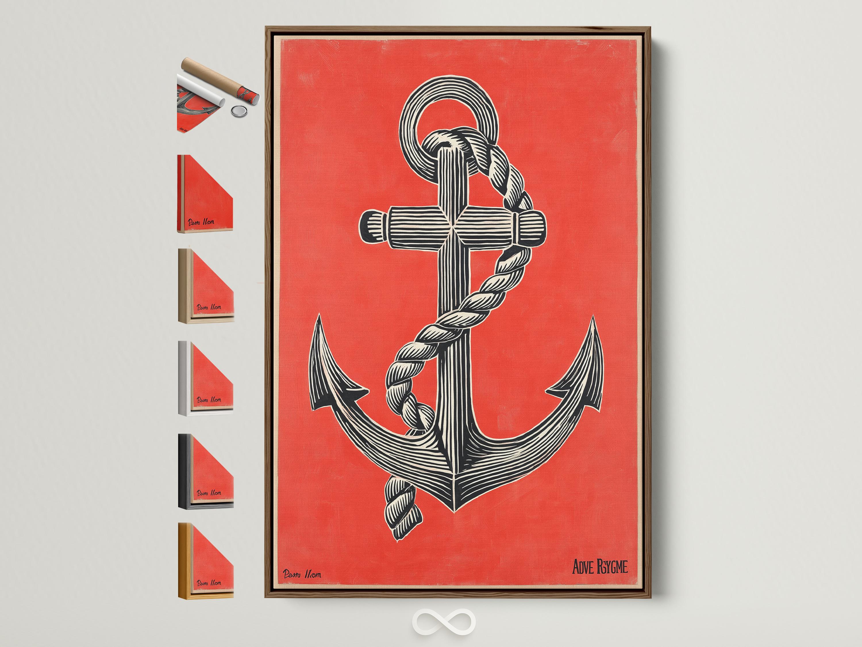 Coral red anchor illustration with black and cream rope-like stripes and ring details