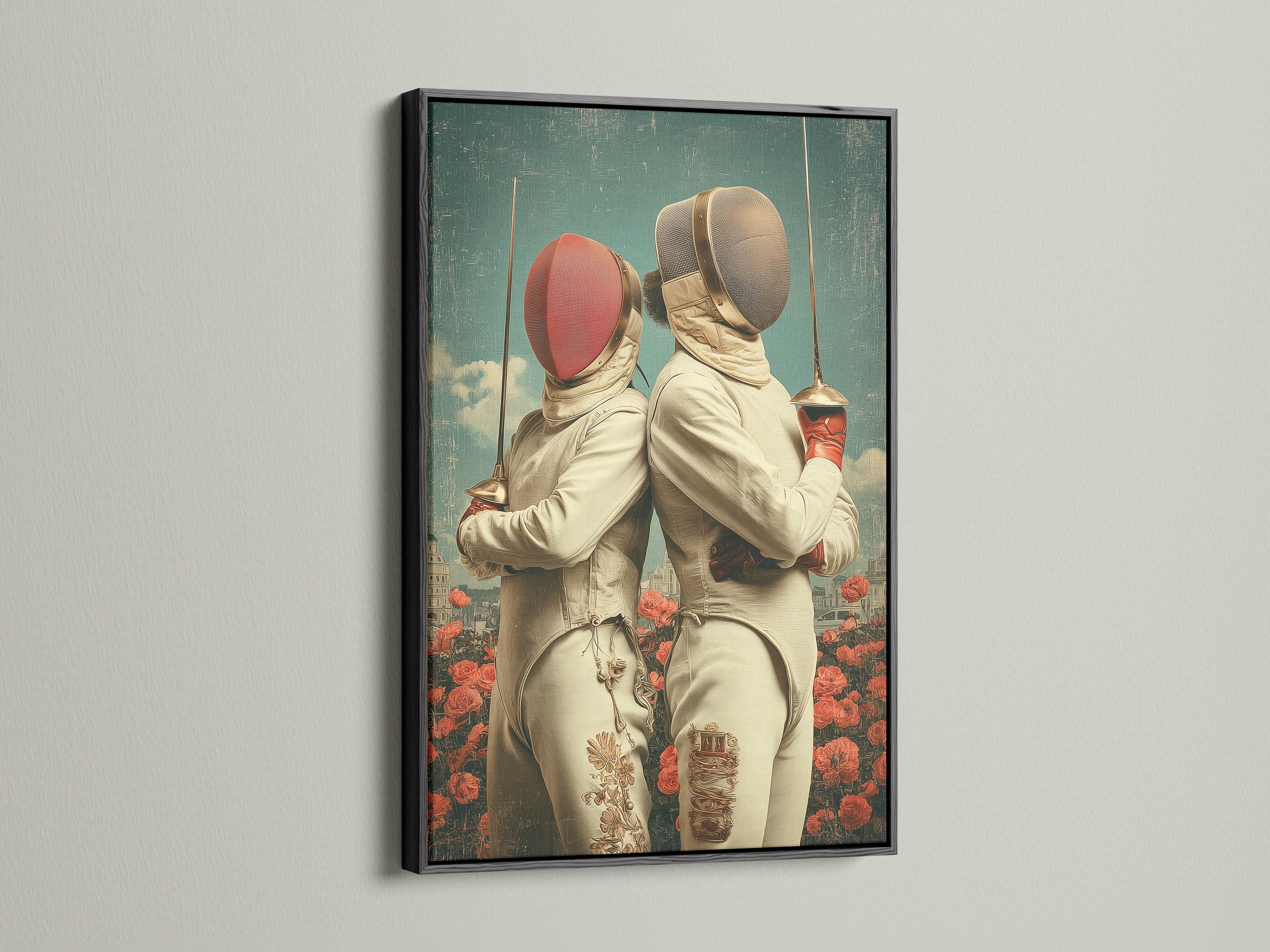 Two fencers in cream masks standing back-to-back with red roses and a hazy city skyline detail view