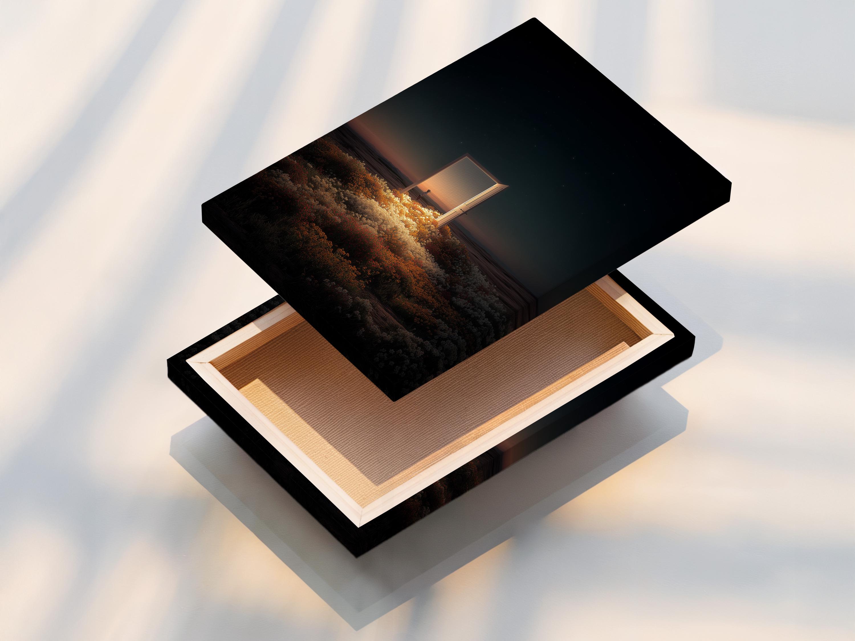 Room mockup showing a framed night seascape with a glowing doorway opening and starry sky